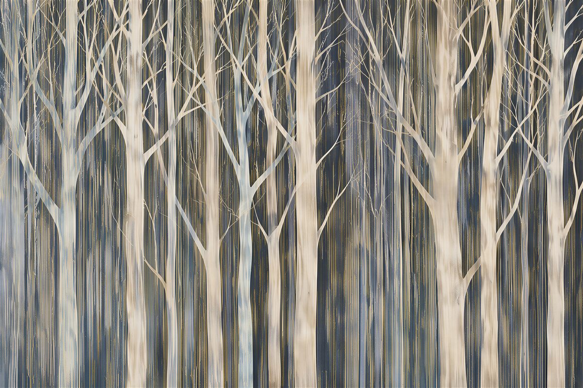 Fototapeten weißer Wald im Nebel in beige-blauen Tönen