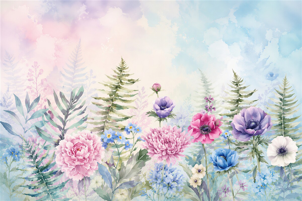 Fototapeten pastellfarbene Blumen Pfingstrosen und Anemonen romantisch für das Schlafzimmer