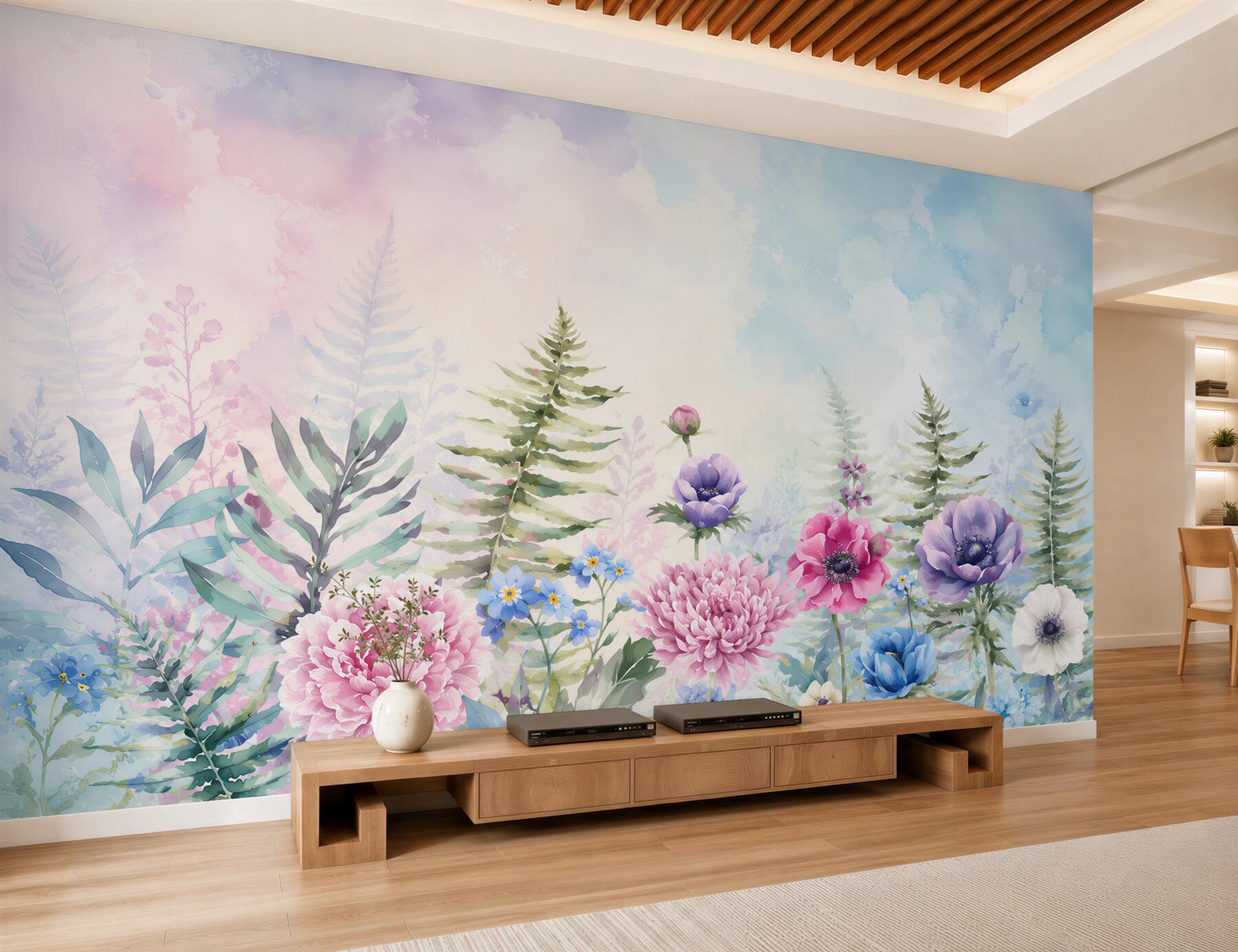 Fototapeten pastellfarbene Blumen Pfingstrosen und Anemonen romantisch für das Schlafzimmer