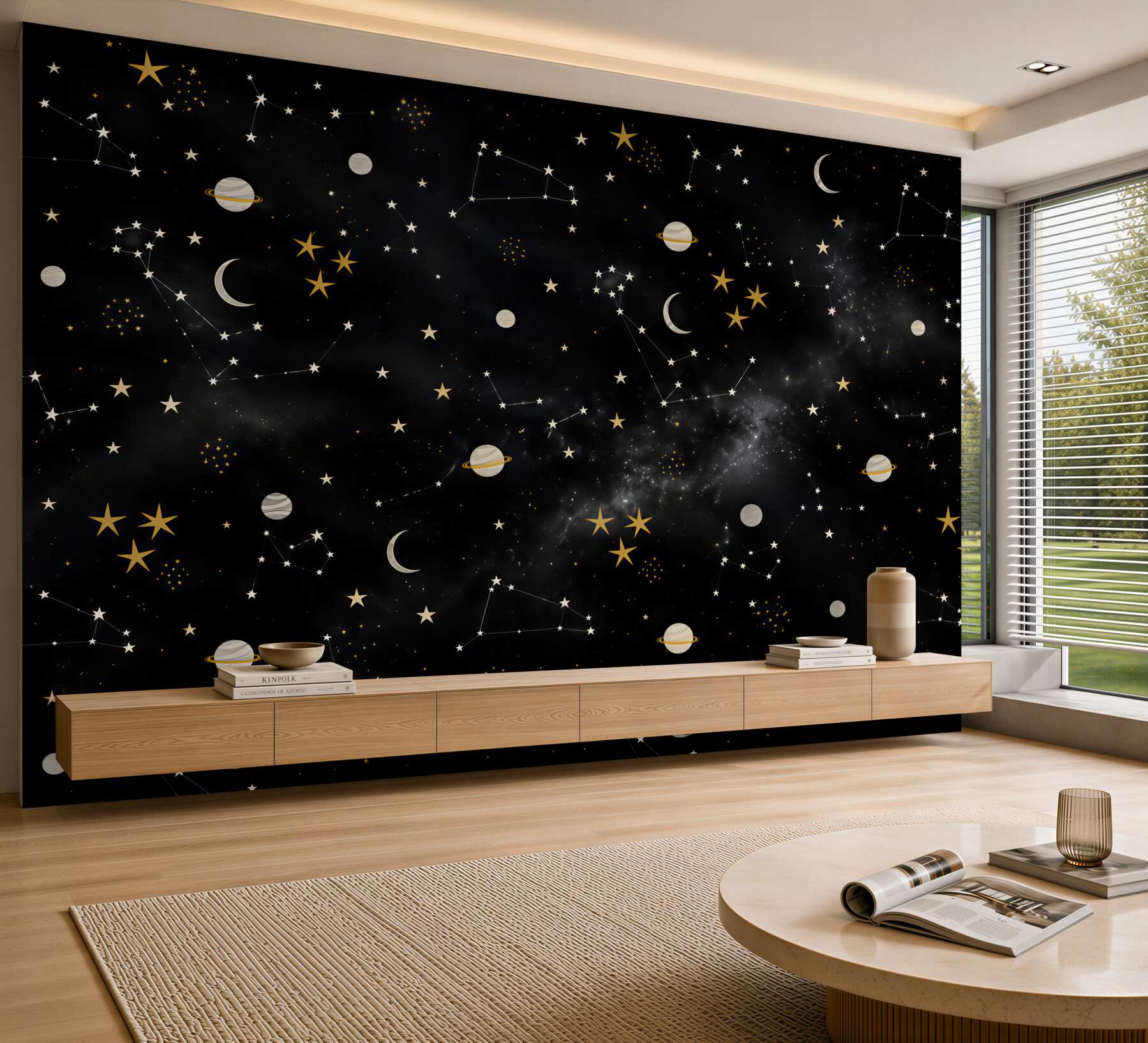 Fototapeten Kosmos mit Monden und Sternbildern in Beige für Kinder