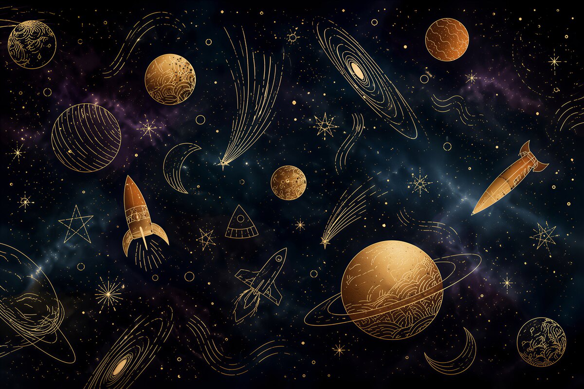 Fototapeten Planeten und Sterne in Wolken in Beige und Gold für Kinder