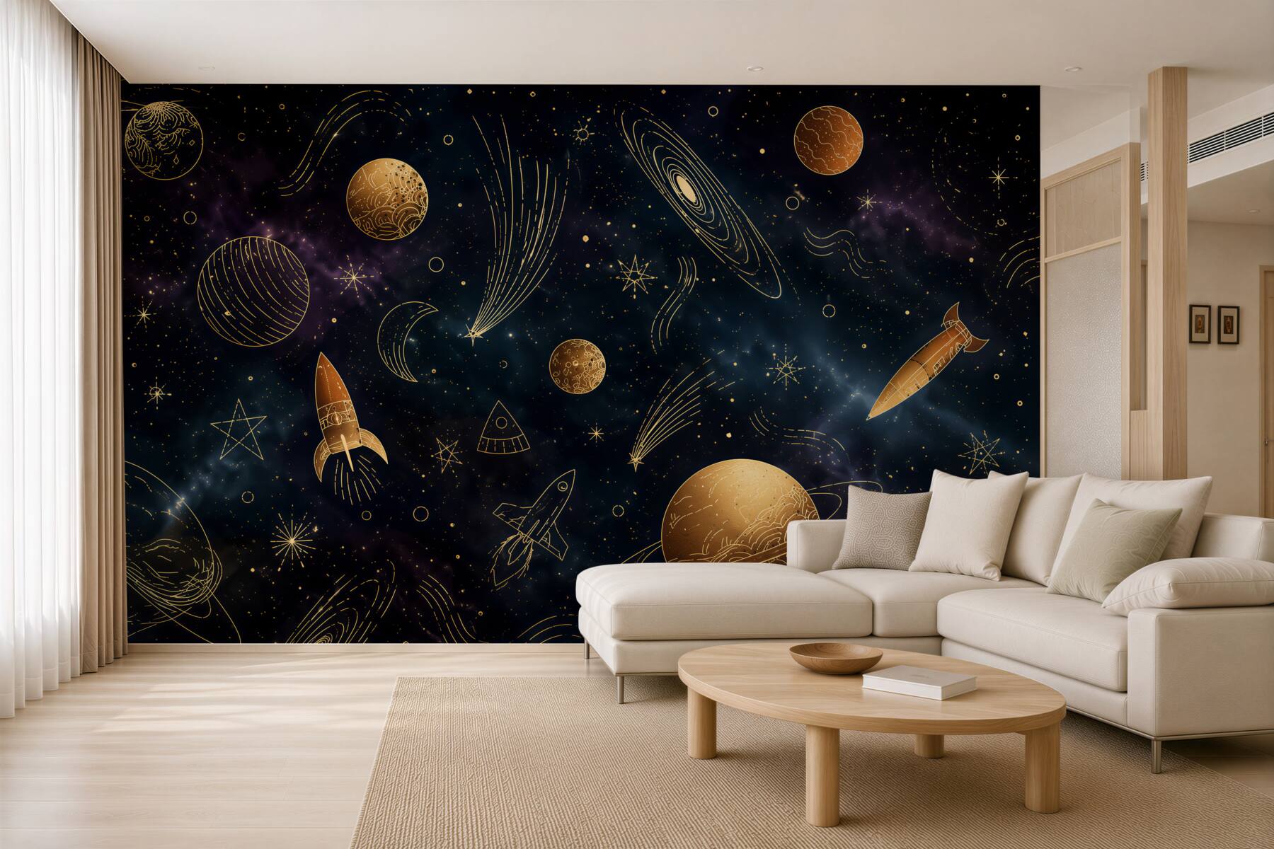 Fototapeten Planeten und Sterne in Wolken in Beige und Gold für Kinder