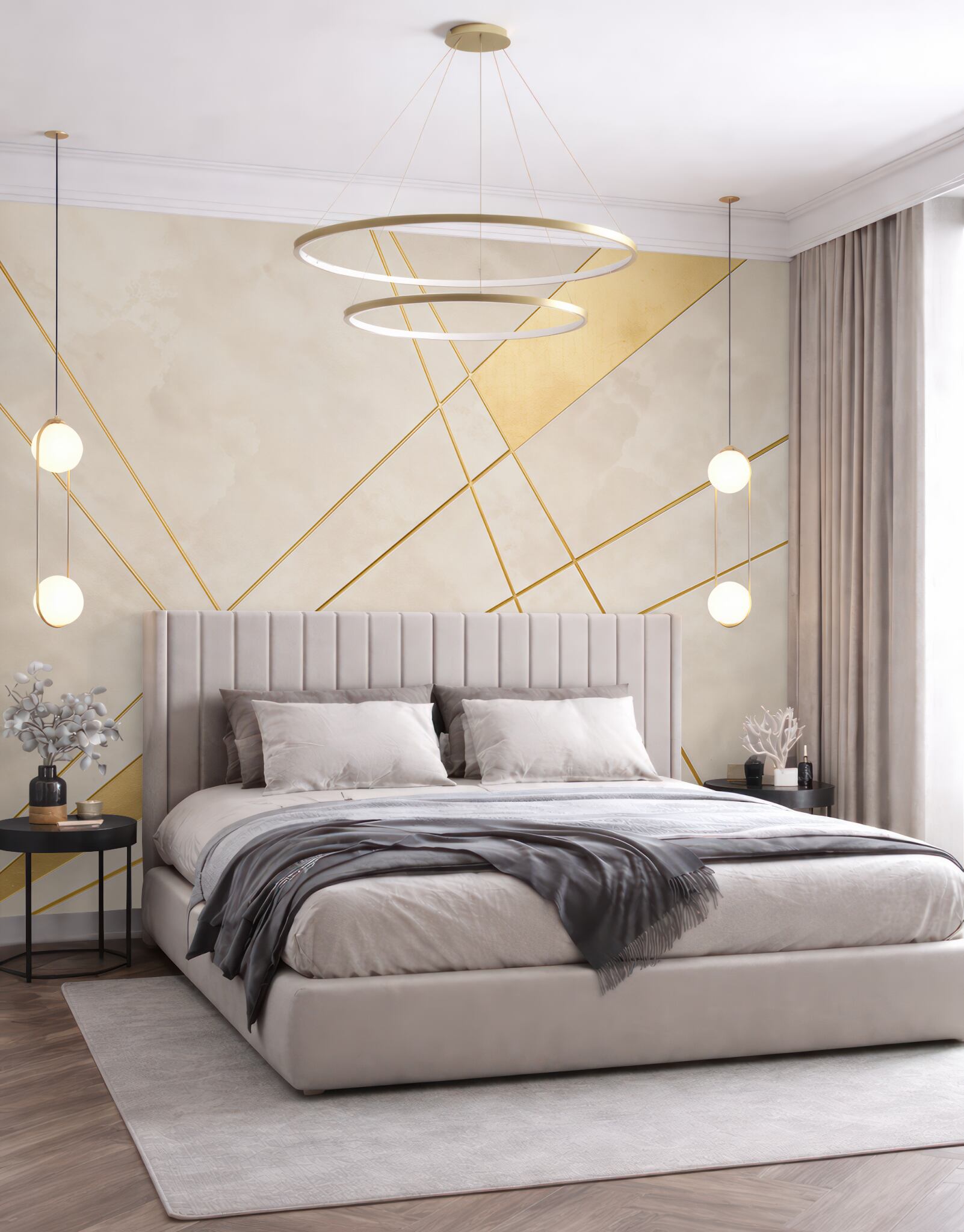 Fototapeten geometrische Linien beige-gold moderne Abstraktion für das Wohnzimmer