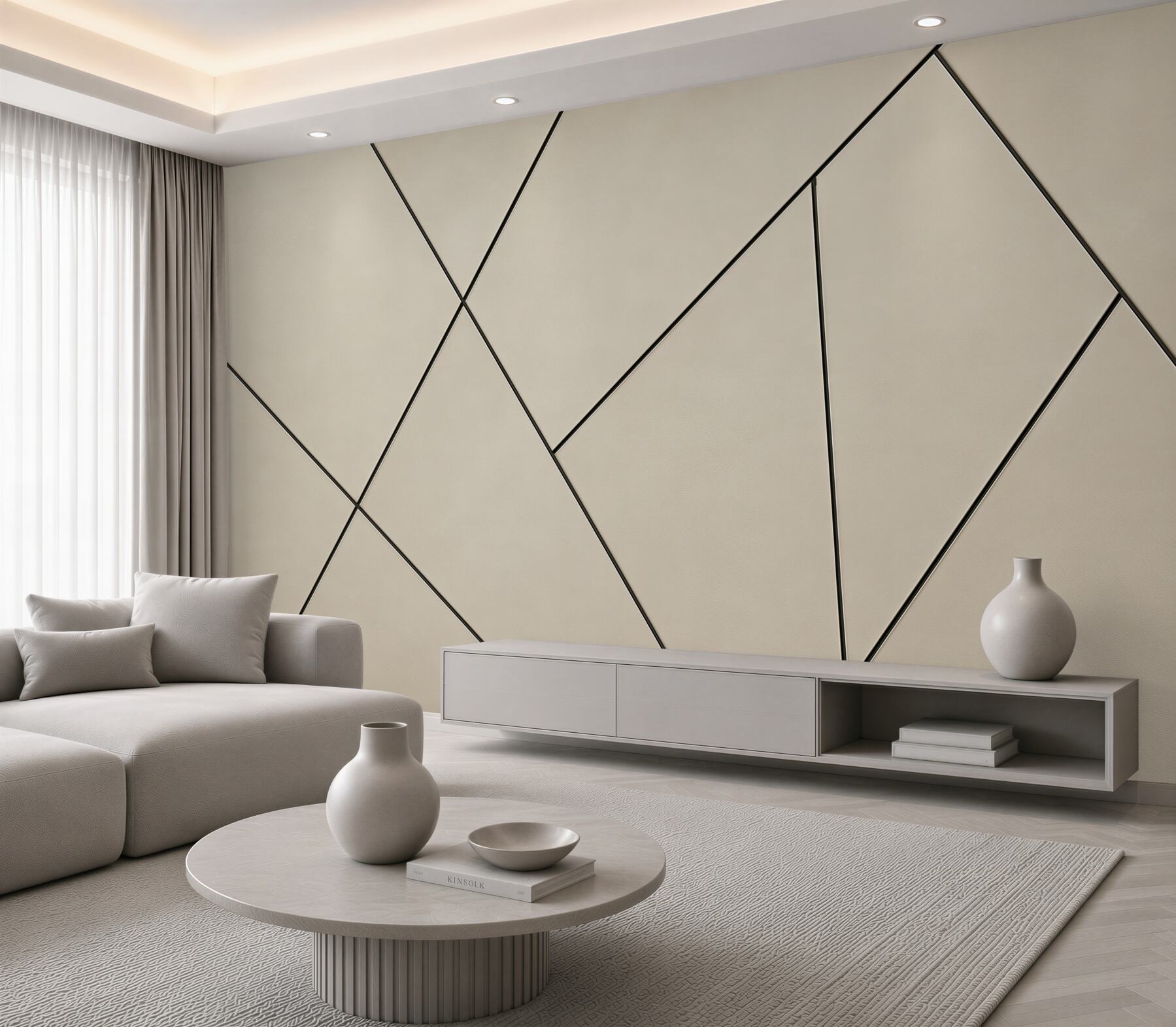Fototapeten geometrische Abstraktion beige mit goldenen Linien
