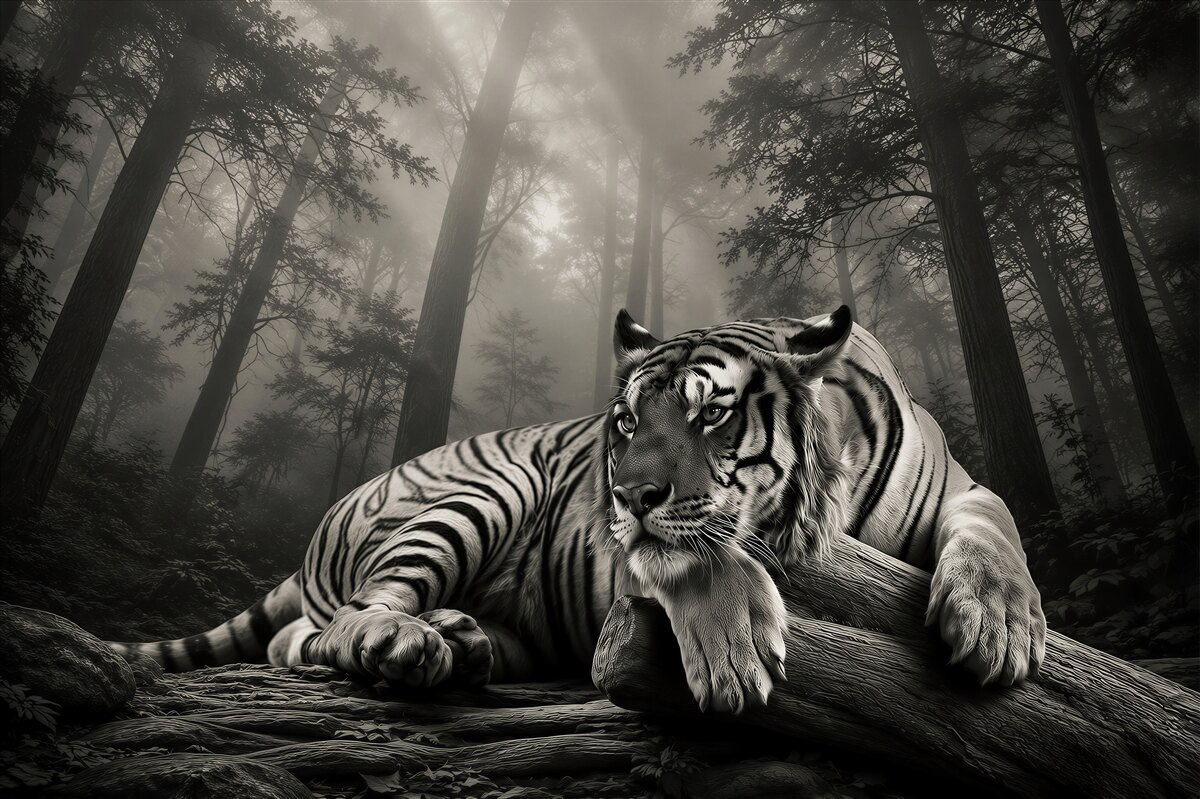 Fototapeten Tiger im Waldnebel stimmungsvolle Dekoration für das Wohnzimmer oder Büro