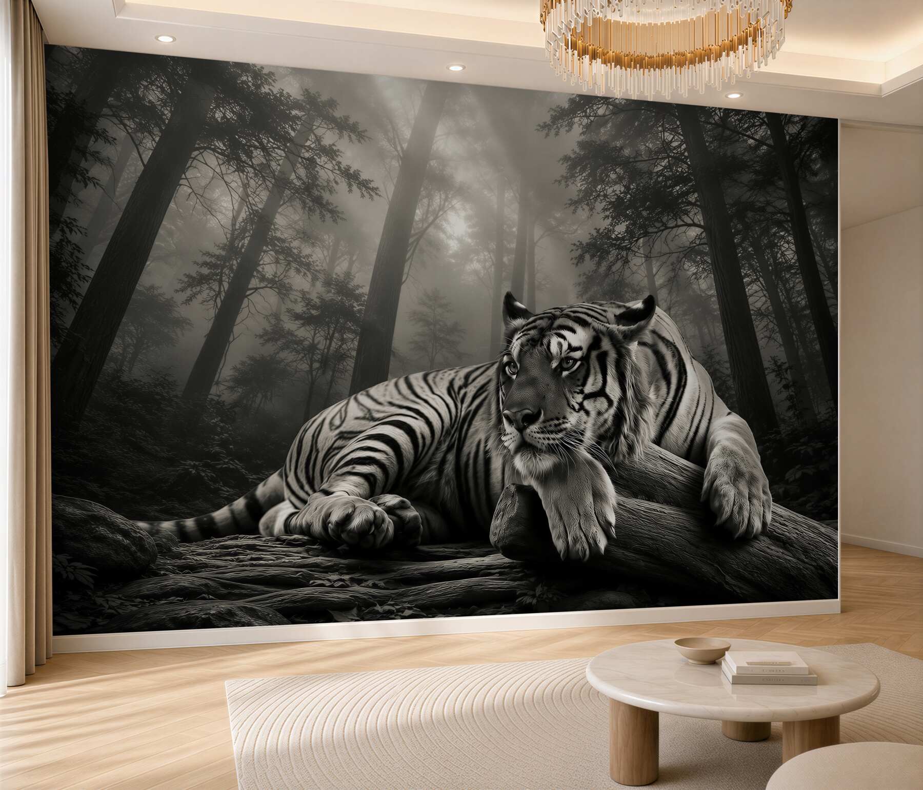 Fototapeten Tiger im Waldnebel stimmungsvolle Dekoration für das Wohnzimmer oder Büro