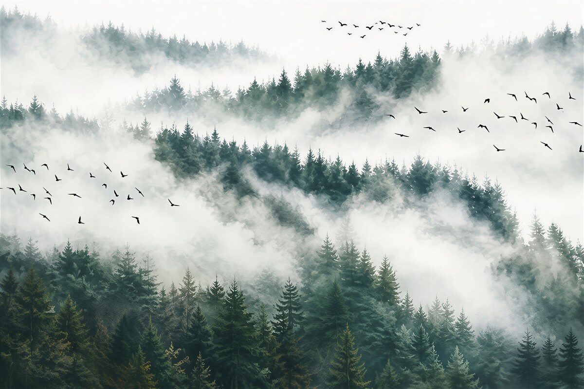 Fototapeten Bergwald im Nebel mit Vögeln ruhige Landschaft