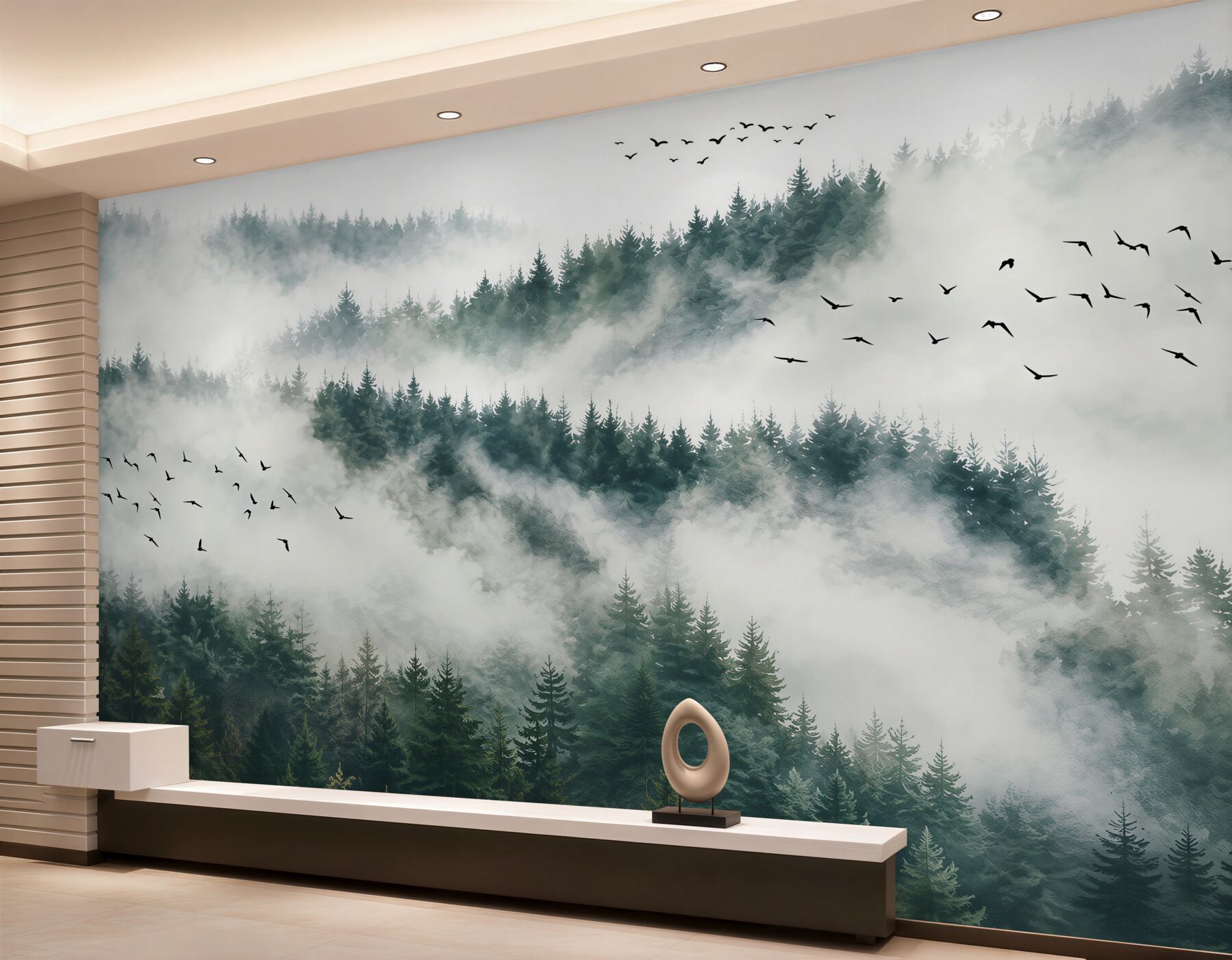Fototapeten Bergwald im Nebel mit Vögeln ruhige Landschaft
