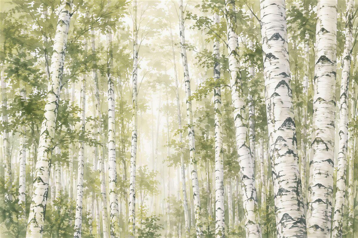 Fototapeten Birkenwald im Nebel mit Weg ruhige natürliche Landschaft