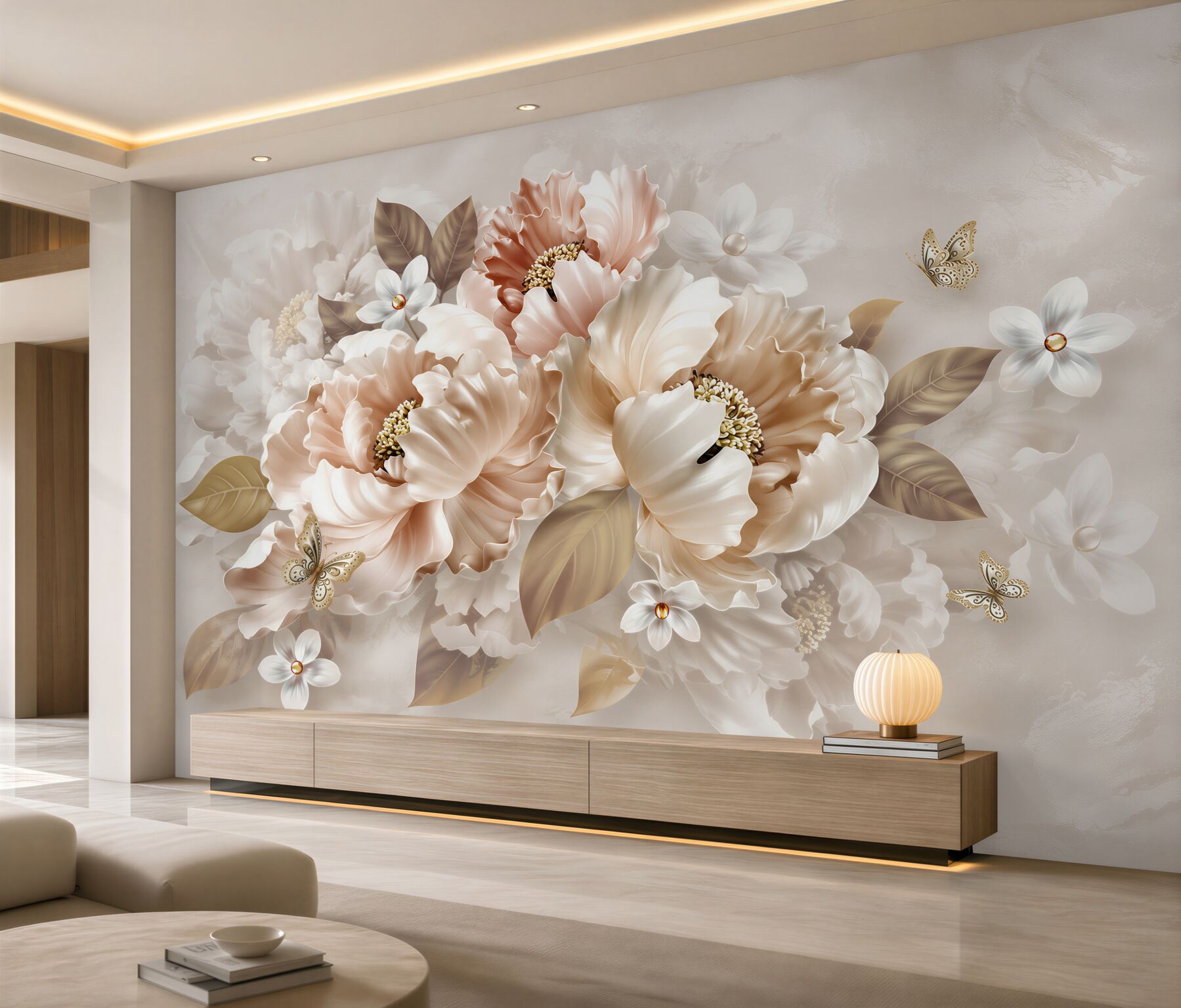 Fototapeten beige Pfingstrosen mit Schmetterling elegant für das Schlafzimmer