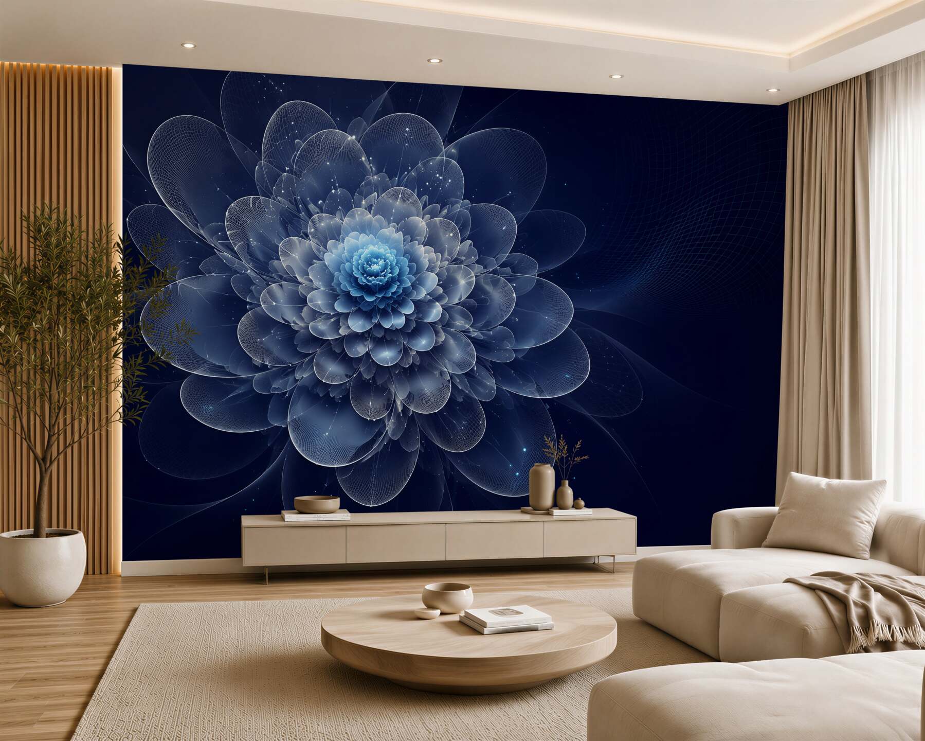 Fototapeten blau-weiße abstrakte Blume mit sanfter Ausstrahlung