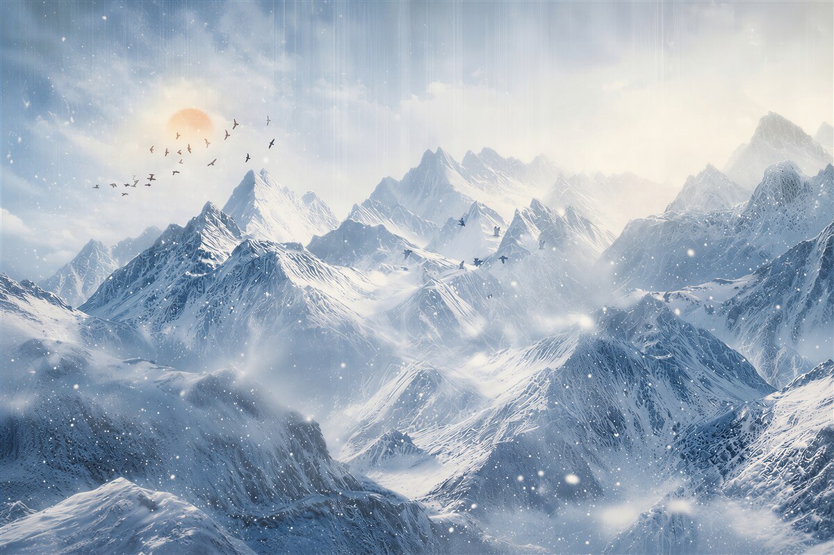 Fototapeten Verschneite Berge im Nebel mit Vögeln bei Tagesanbruch