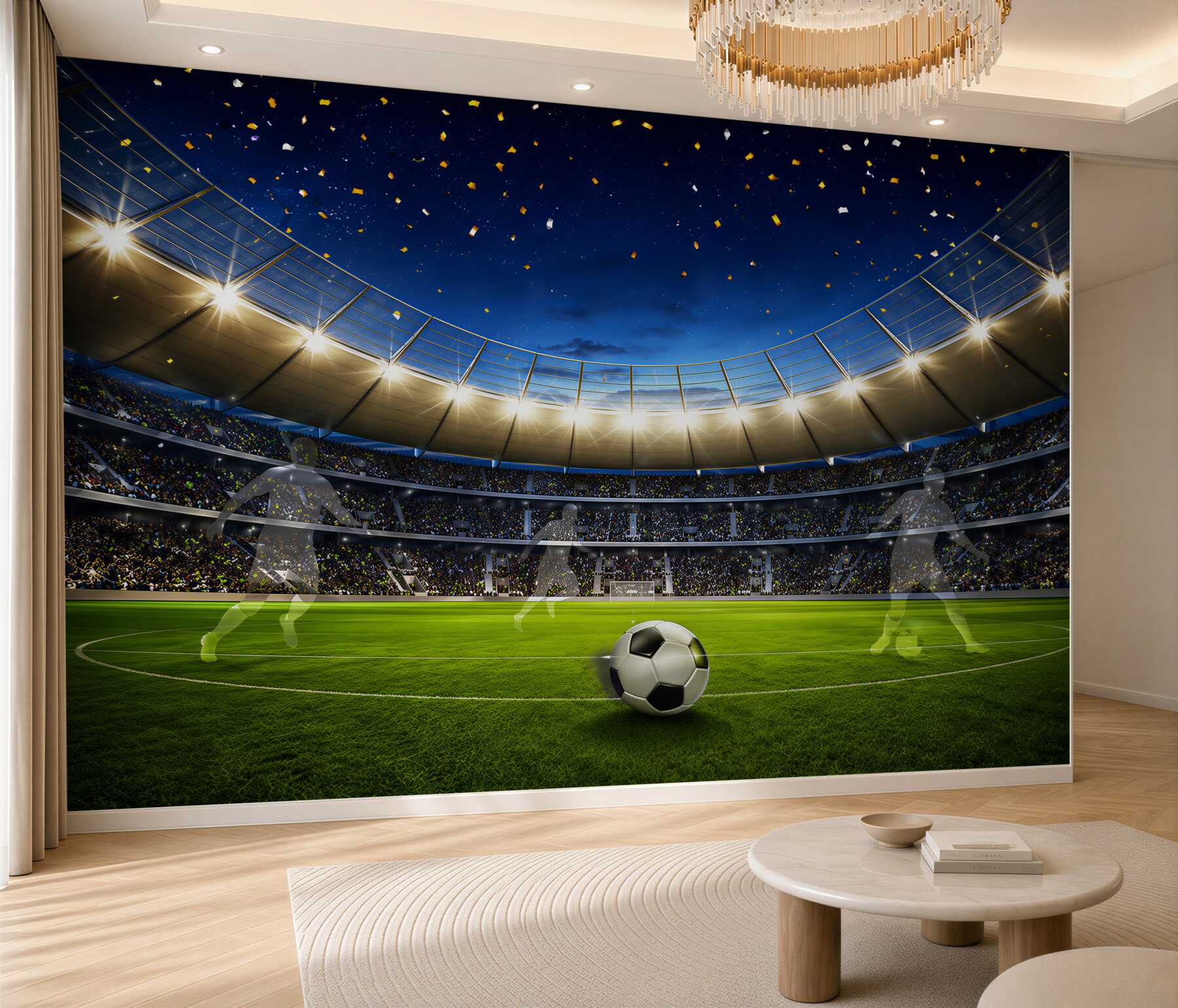 Fototapeten Fußballstadion mit Ball bei Sonnenuntergang für das Zimmer eines Fußballfans