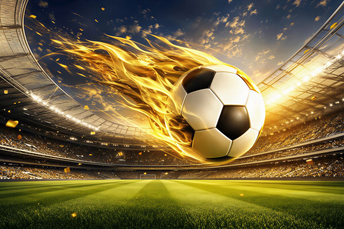Fototapeten Fußball im Feuer dynamisch beige-gold für das Zimmer eines Sportfans
