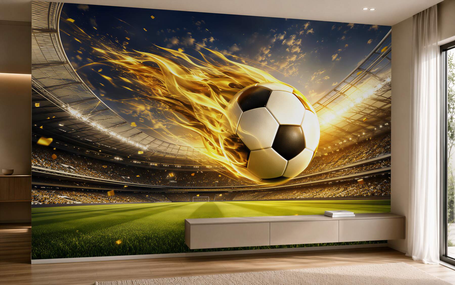 Fototapeten Fußball im Feuer dynamisch beige-gold für das Zimmer eines Sportfans