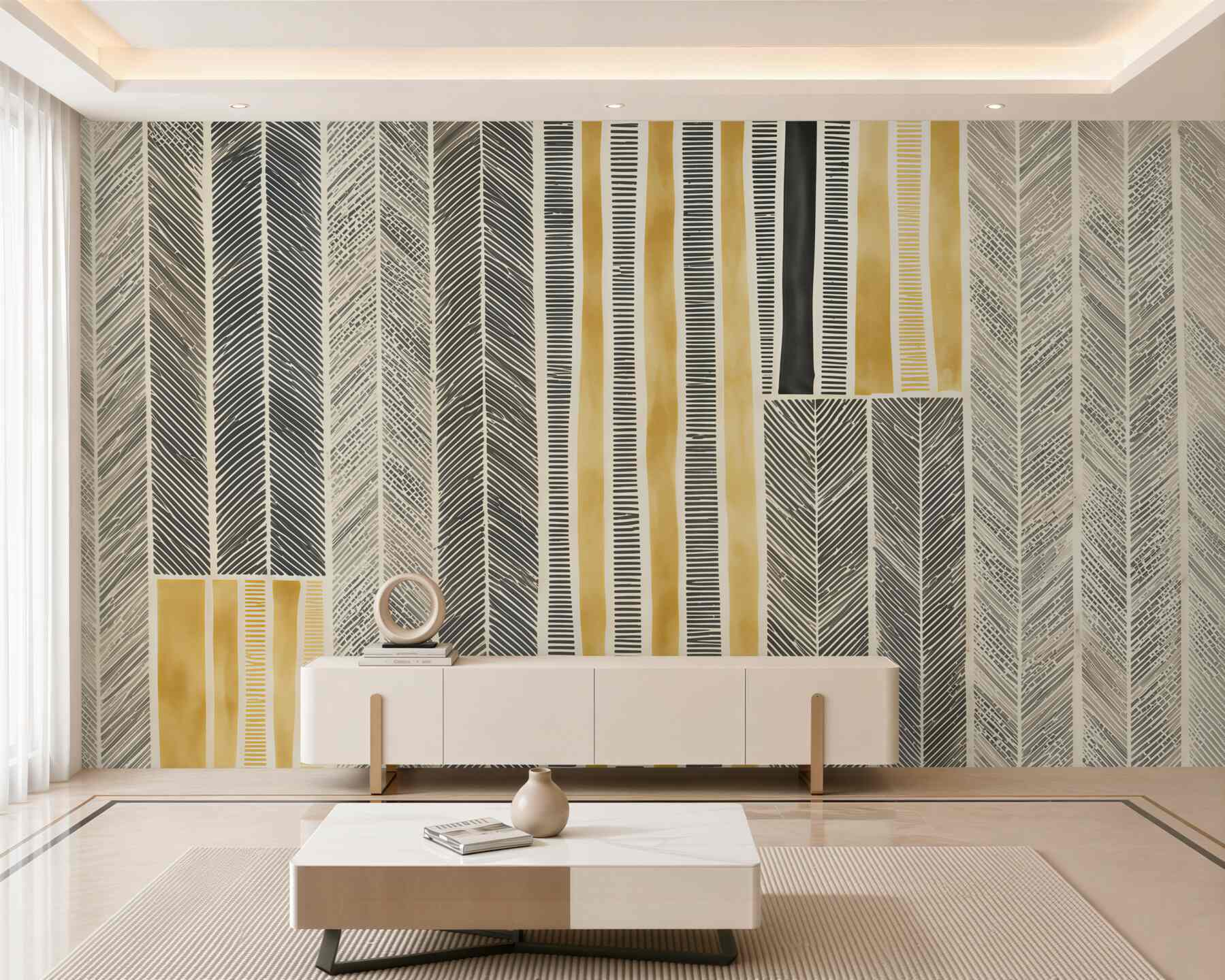 Fototapeten geometrische Federn in vertikalen Streifen beige-gold modern