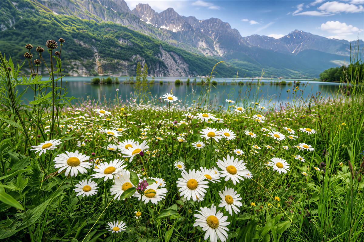 Fototapeten Berglandschaft mit einem Margeritenfeld
