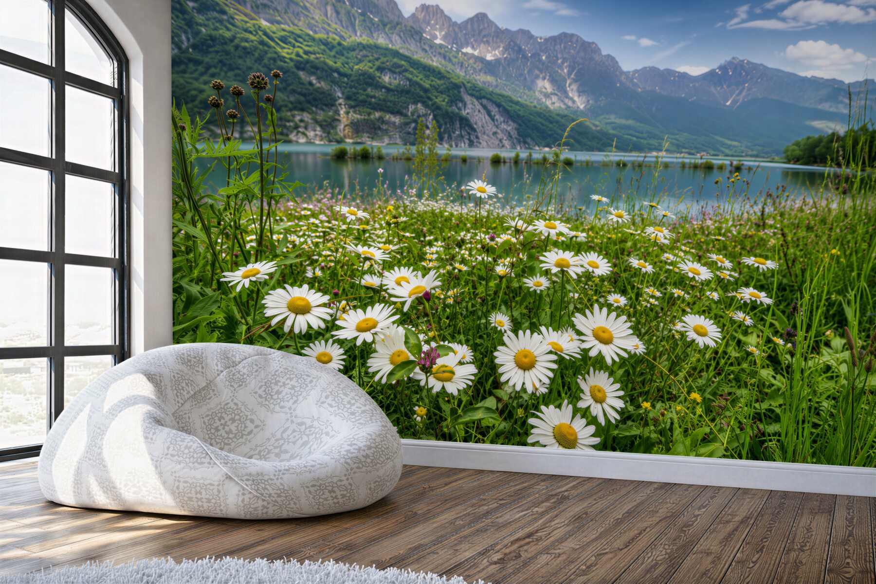 Fototapeten Berglandschaft mit einem Margeritenfeld