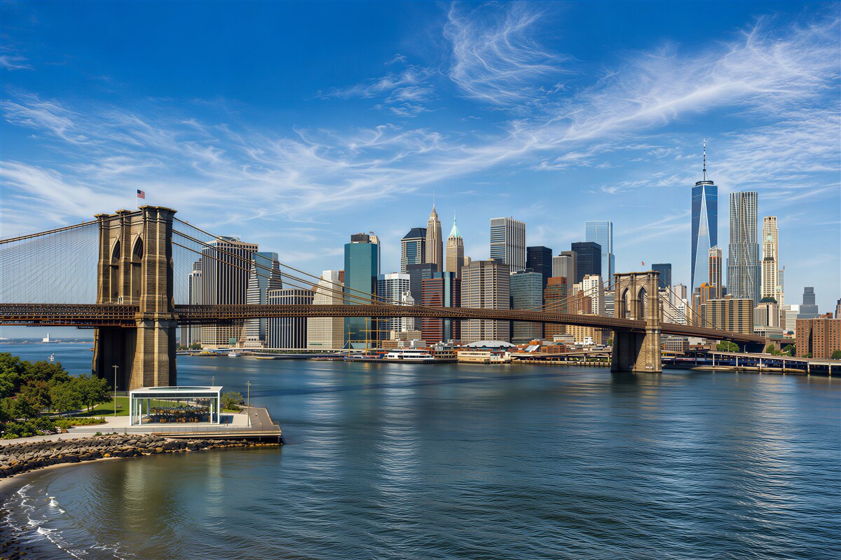 Fototapeten Steinbrücke von Brooklyn und städtische Gebäude