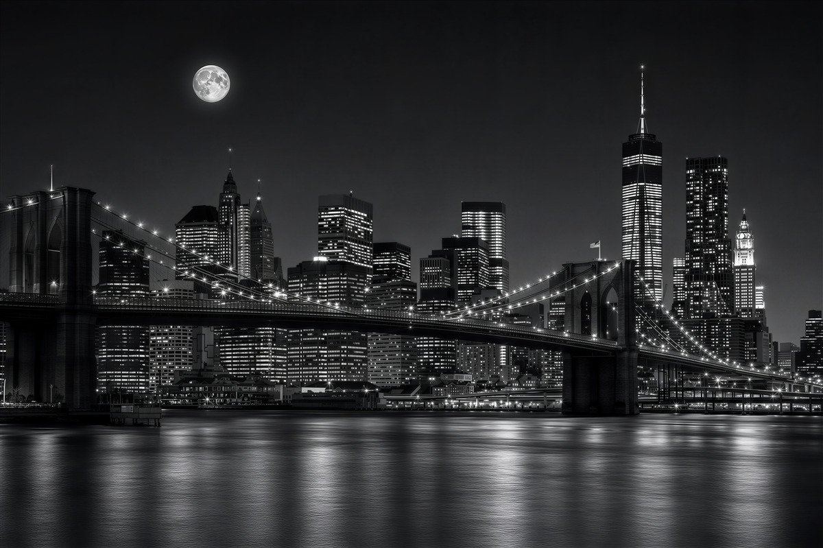 Fototapeten Vollmond über New York in Schwarz-Weiß