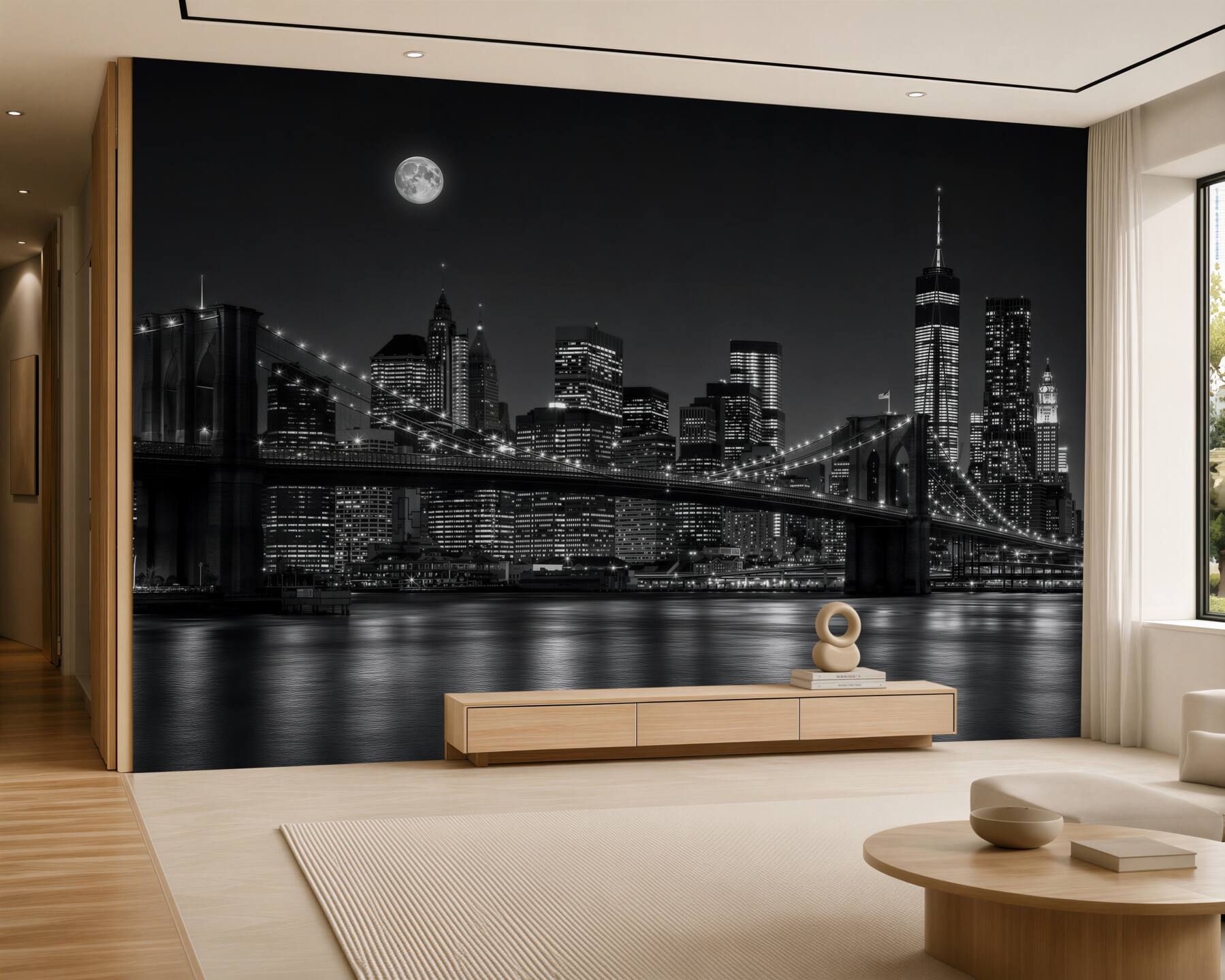Fototapeten Vollmond über New York in Schwarz-Weiß