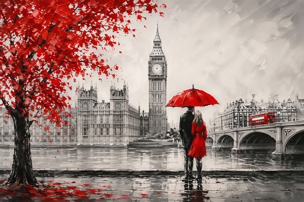 Fototapeten Paar unter einem roten Regenschirm, Blick auf Big Ben