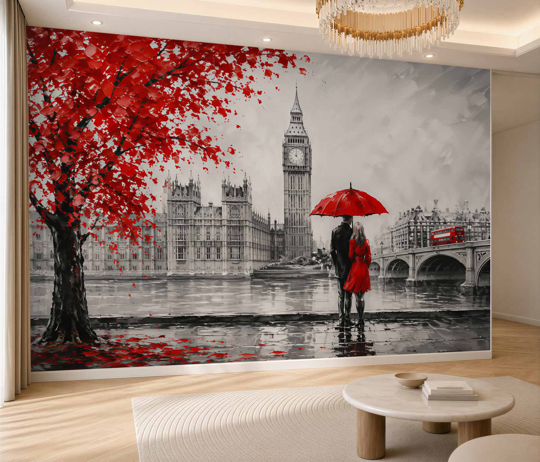 Fototapeten Paar unter einem roten Regenschirm, Blick auf Big Ben