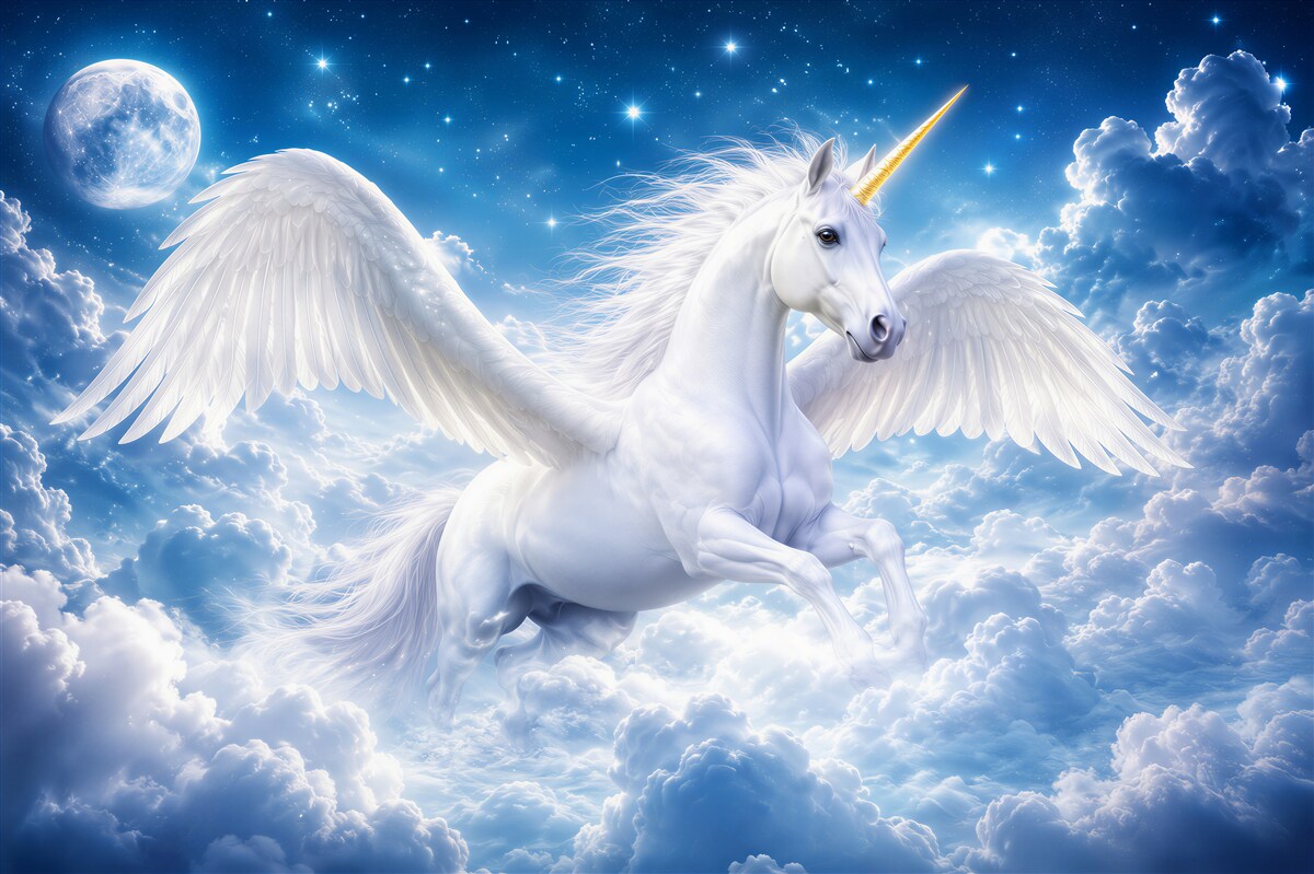 Fototapeten Einhorn fliegt durch die Wolken