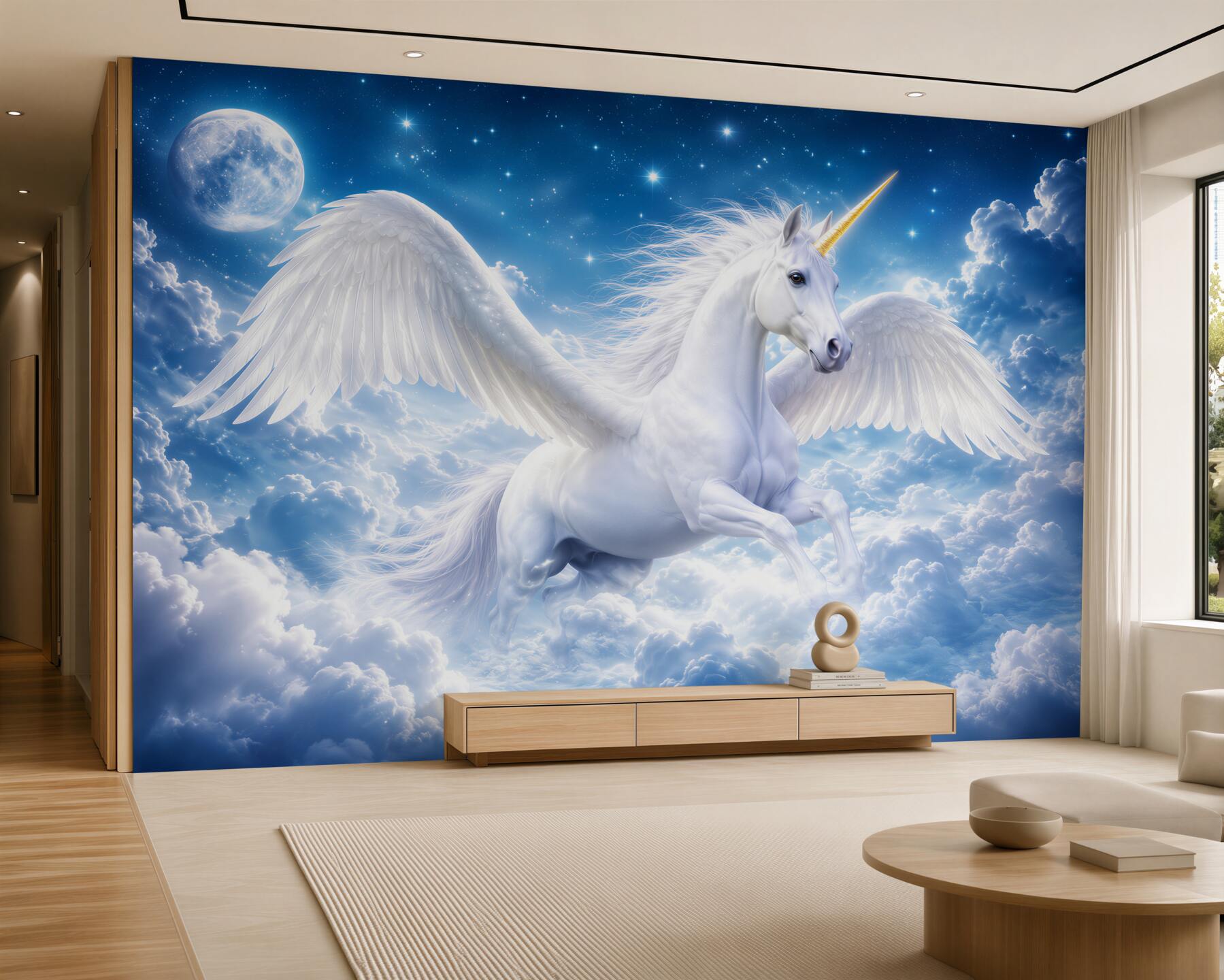 Fototapeten Einhorn fliegt durch die Wolken