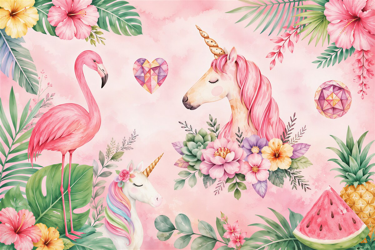 Fototapeten rosa Flamingo und Einhorn