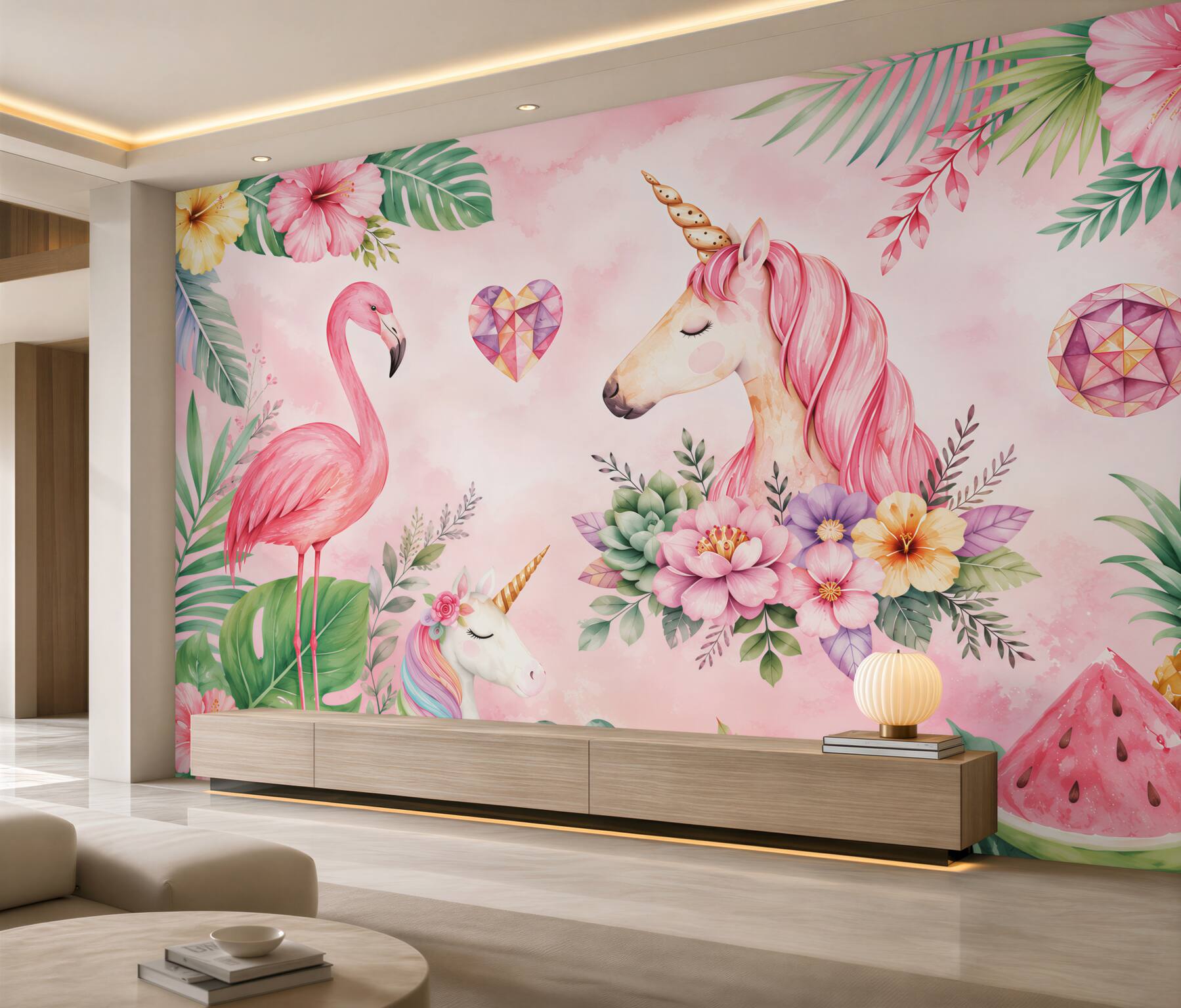 Fototapeten rosa Flamingo und Einhorn