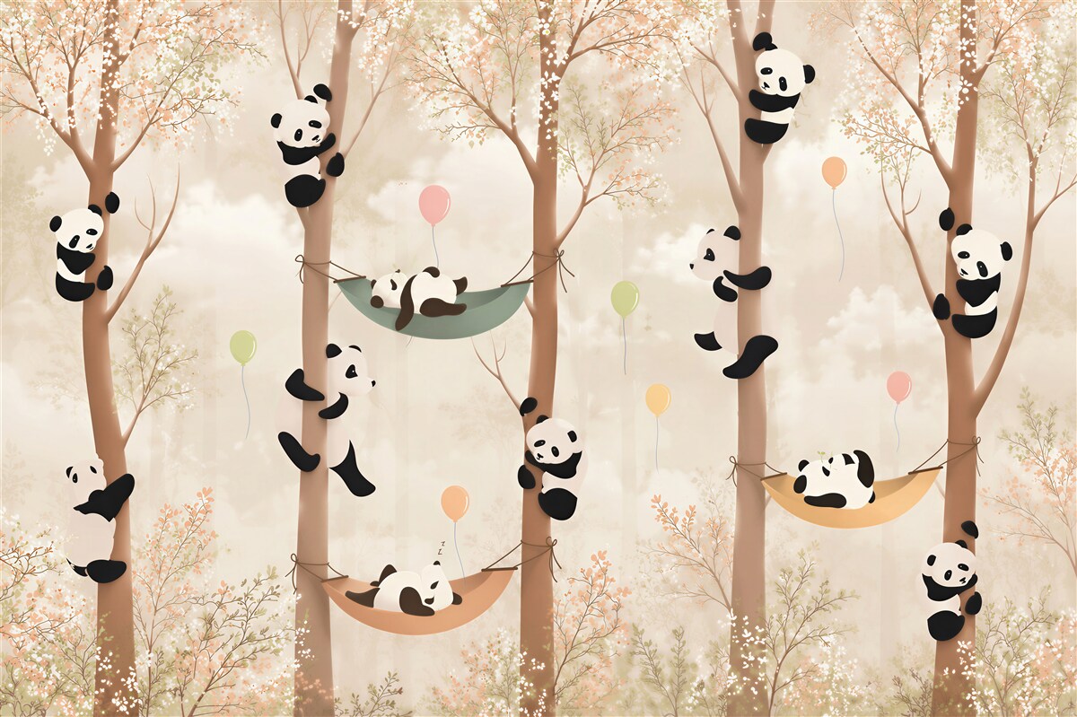 Fototapeten viele Pandas auf den Bäumen