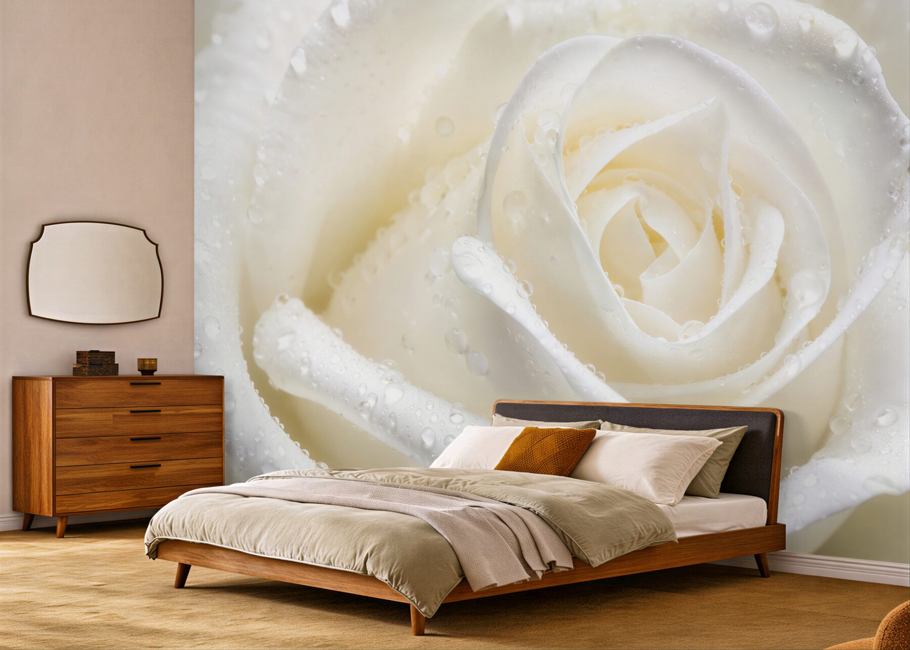 Fototapeten weiße Rose im Morgentau