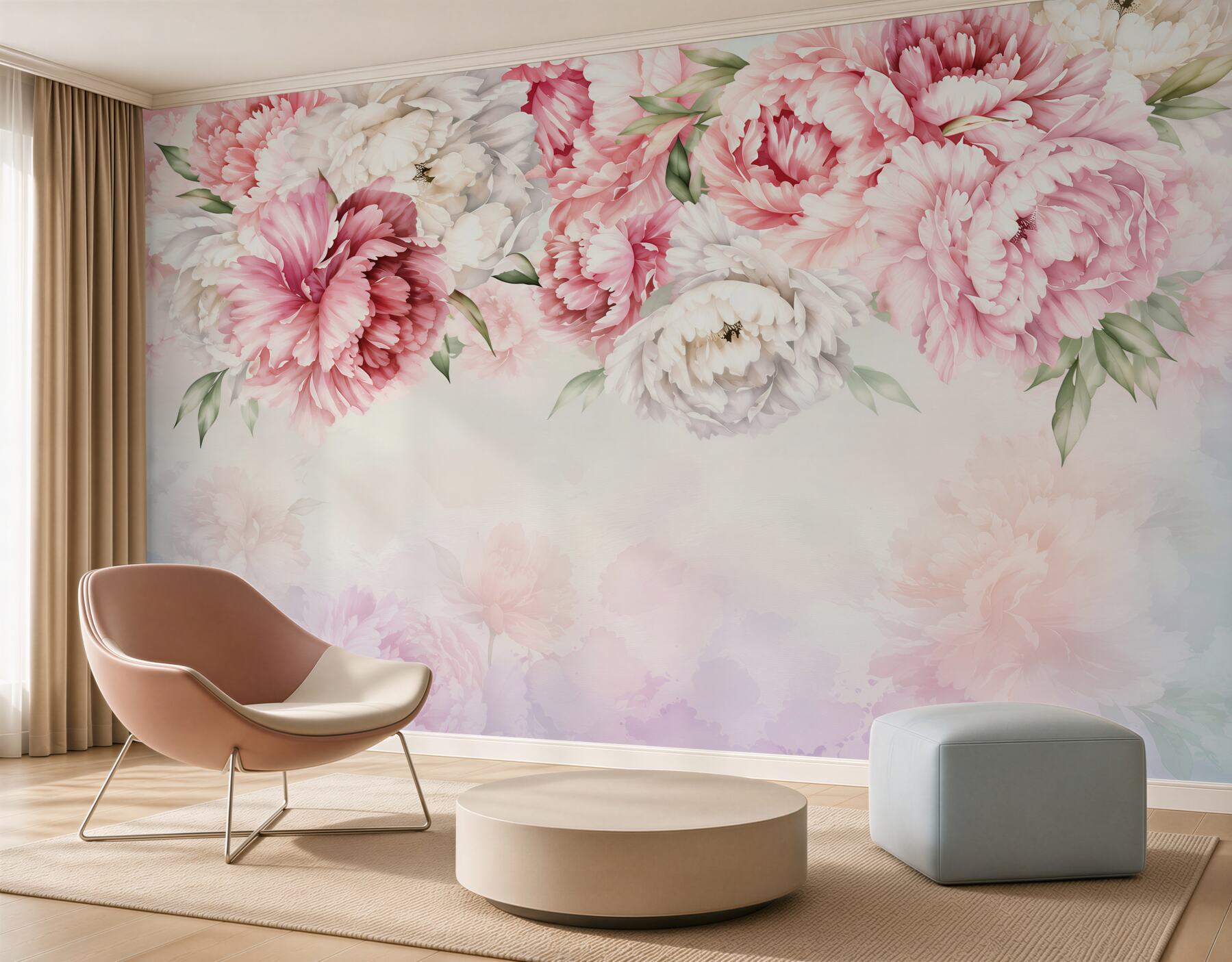 Fototapeten zarte rosa Blumen auf hellem Hintergrund