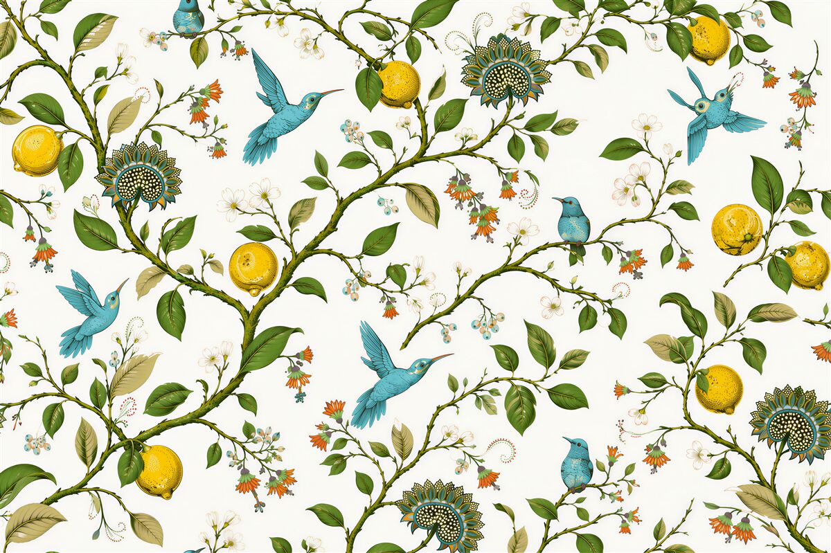 Fototapeten blaue Kolibris und Zitronen