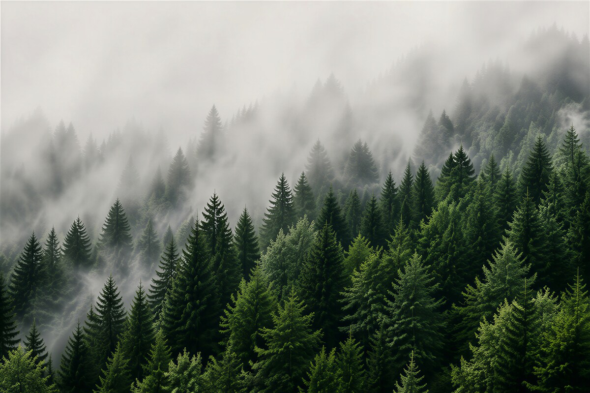 Fototapeten Nebel fällt auf einen Bergwald