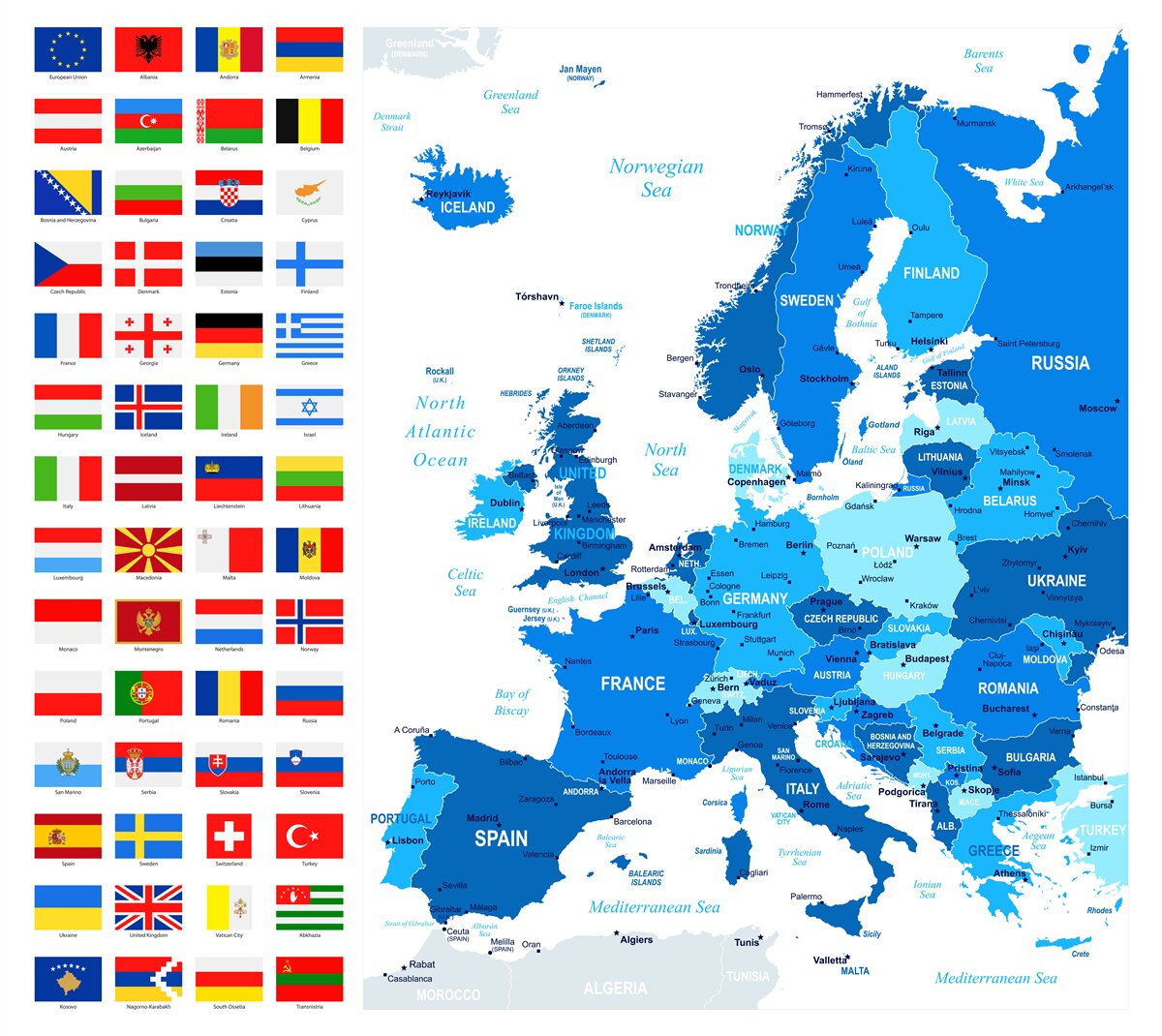 Fototapeten Länderkarte Europas mit Flaggen