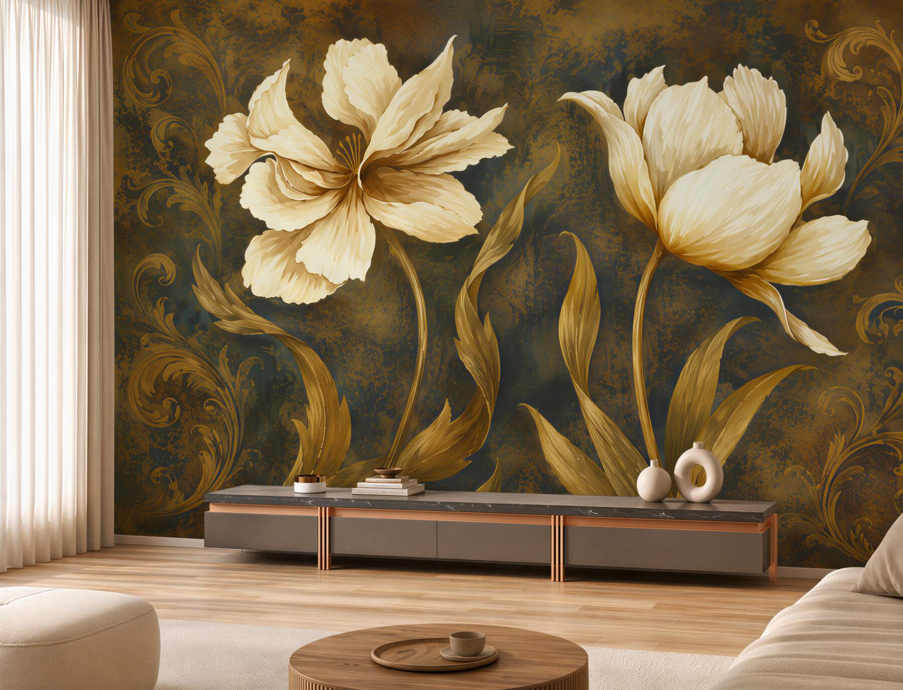 Fototapeten zwei große beige Blumen