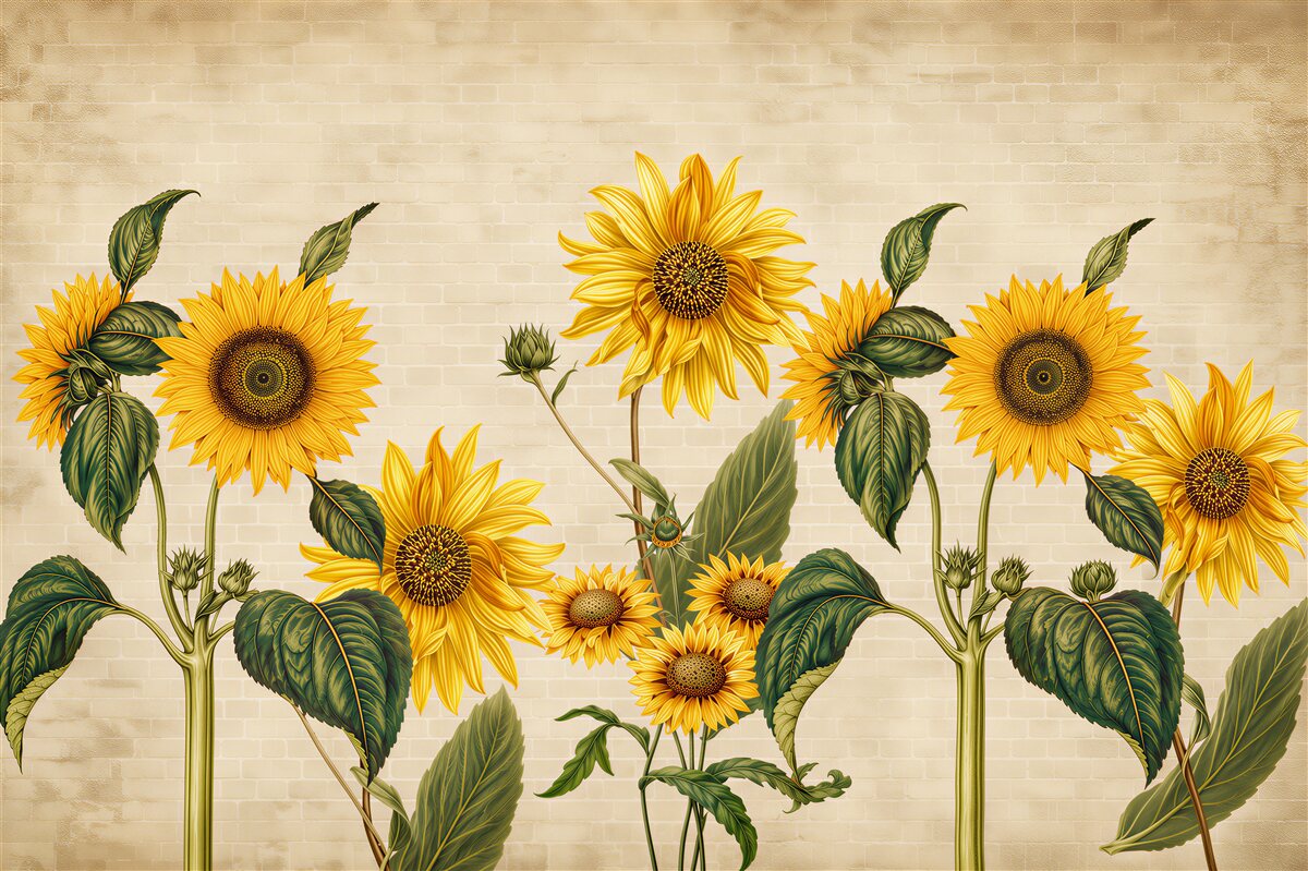 Fototapeten Sonnenblume vor Backsteinmauer