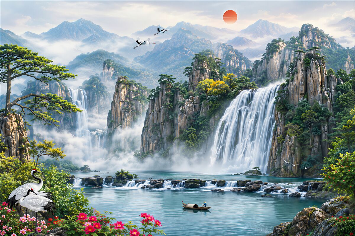 Fototapeten Landschaft mit Wasserfall und Natur