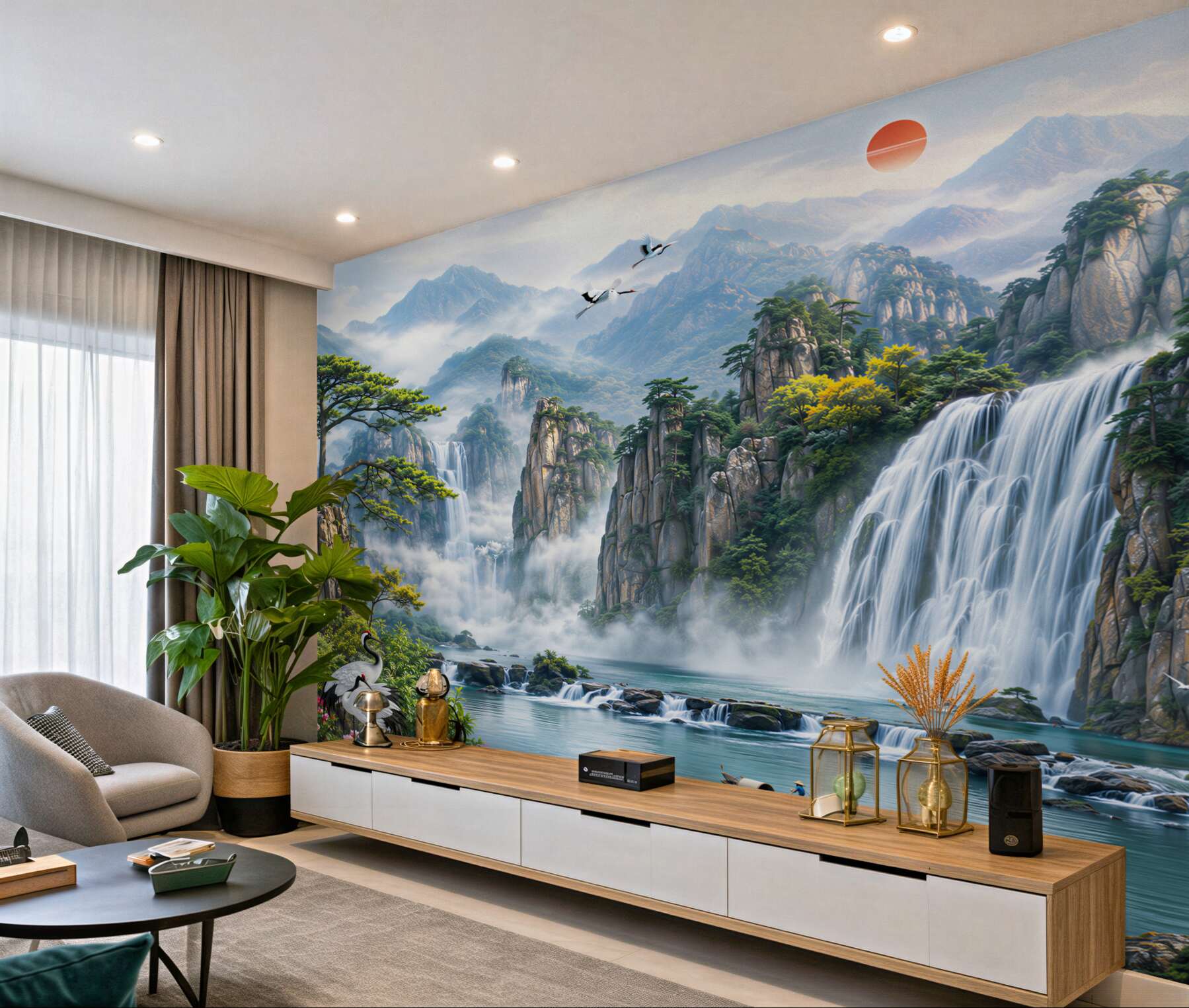 Fototapeten Landschaft mit Wasserfall und Natur