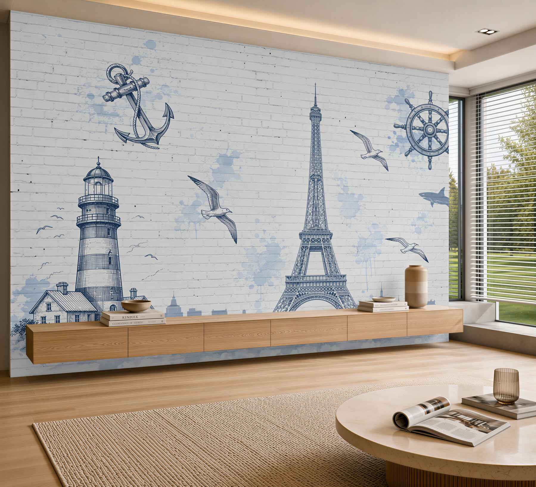 Fototapeten Eiffelturm und Leuchtturm an einer Wand