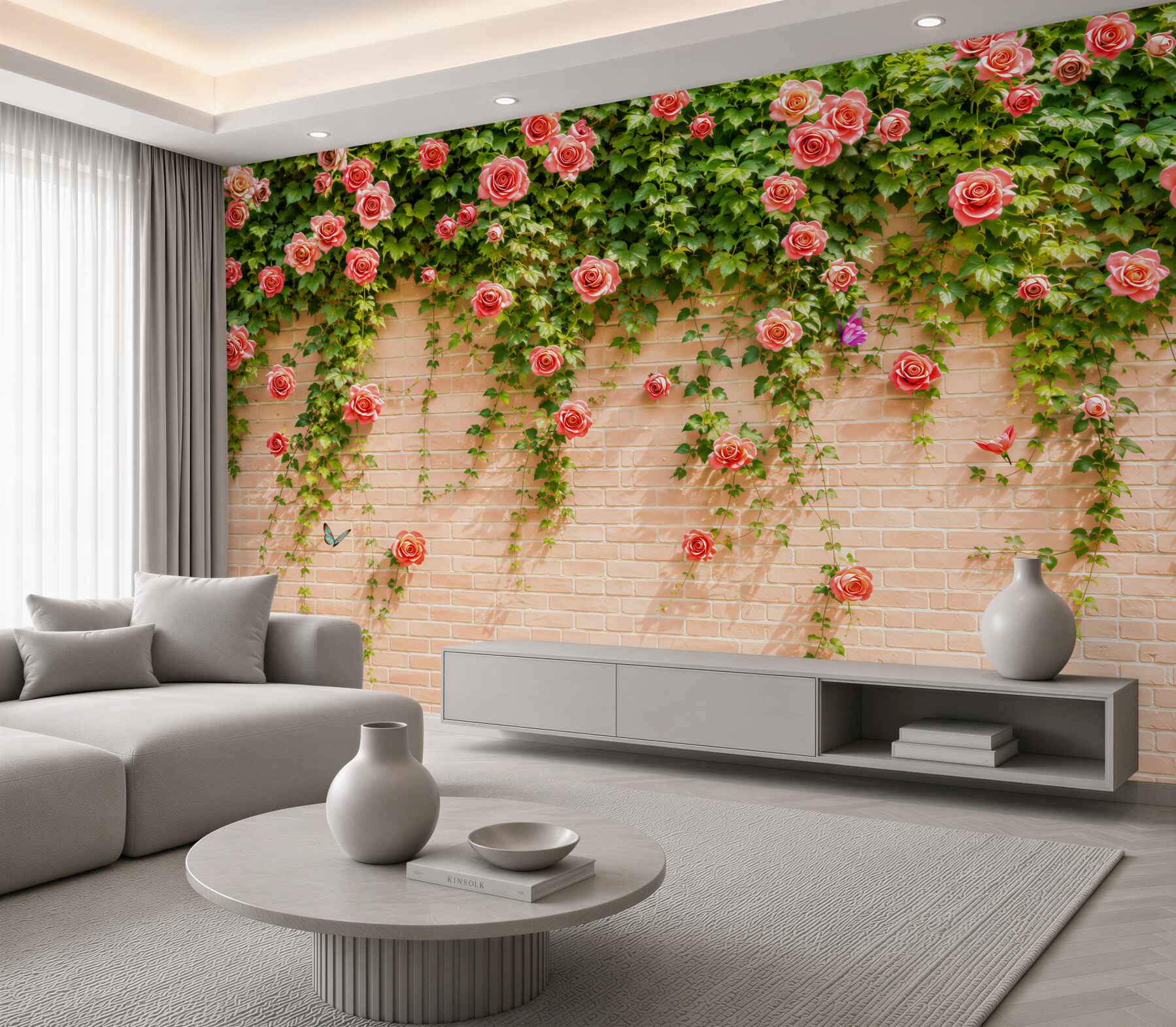 Fototapeten rote Rosen an einer Ziegelwand