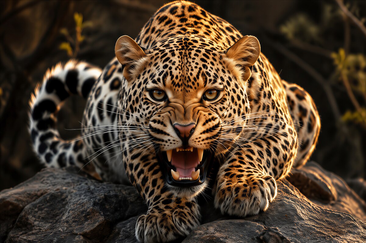 Fototapeten Leopard bereitet sich auf den Sprung vor