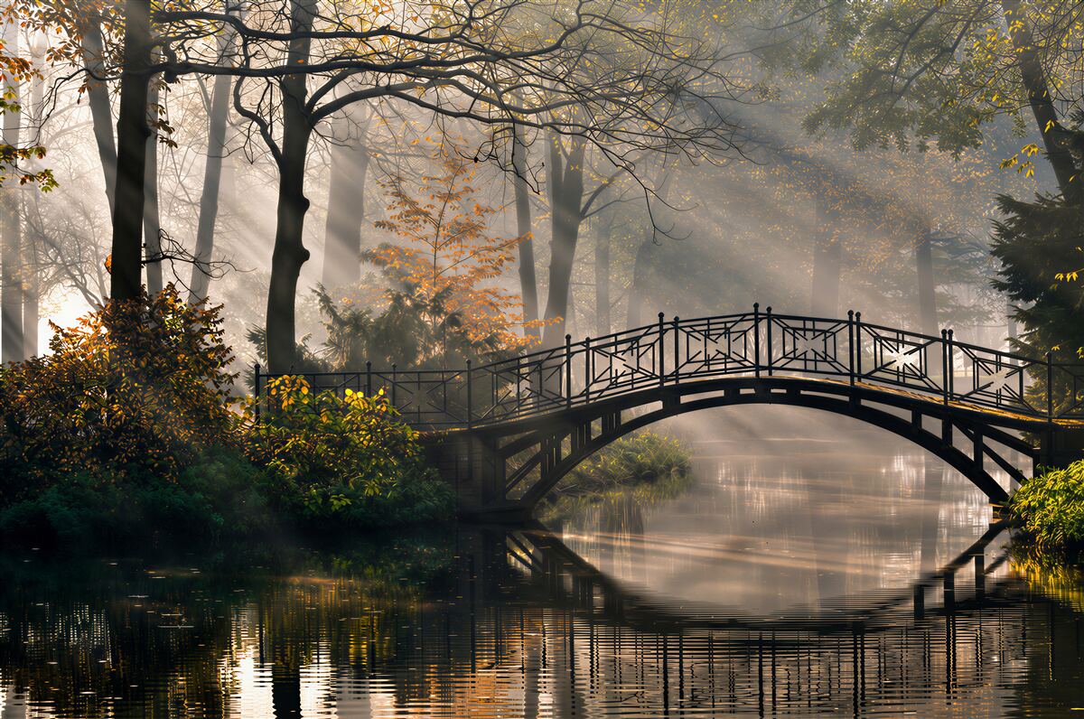 Fototapeten Holzbrücke über einem See im nebligen Wald