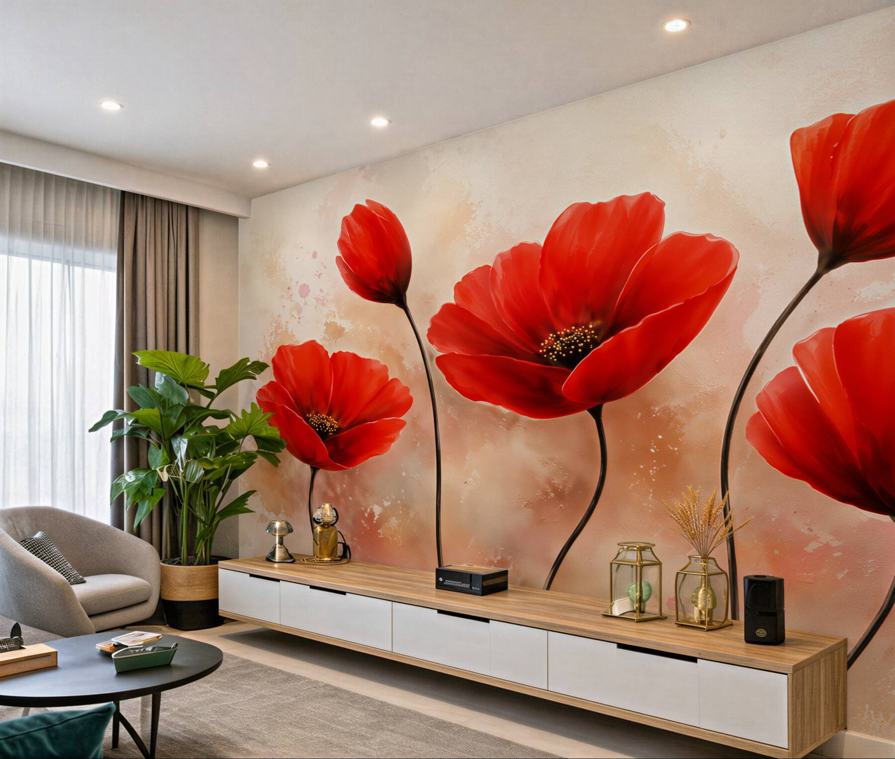 Fototapeten rote Mohnblumen nach dem Regen