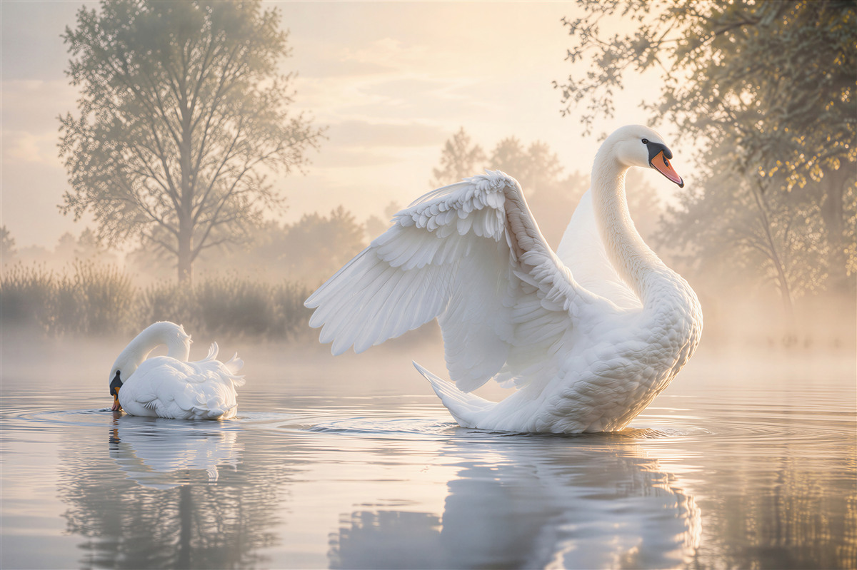 Fototapeten luxuriöser weißer Schwan auf dem Wasser