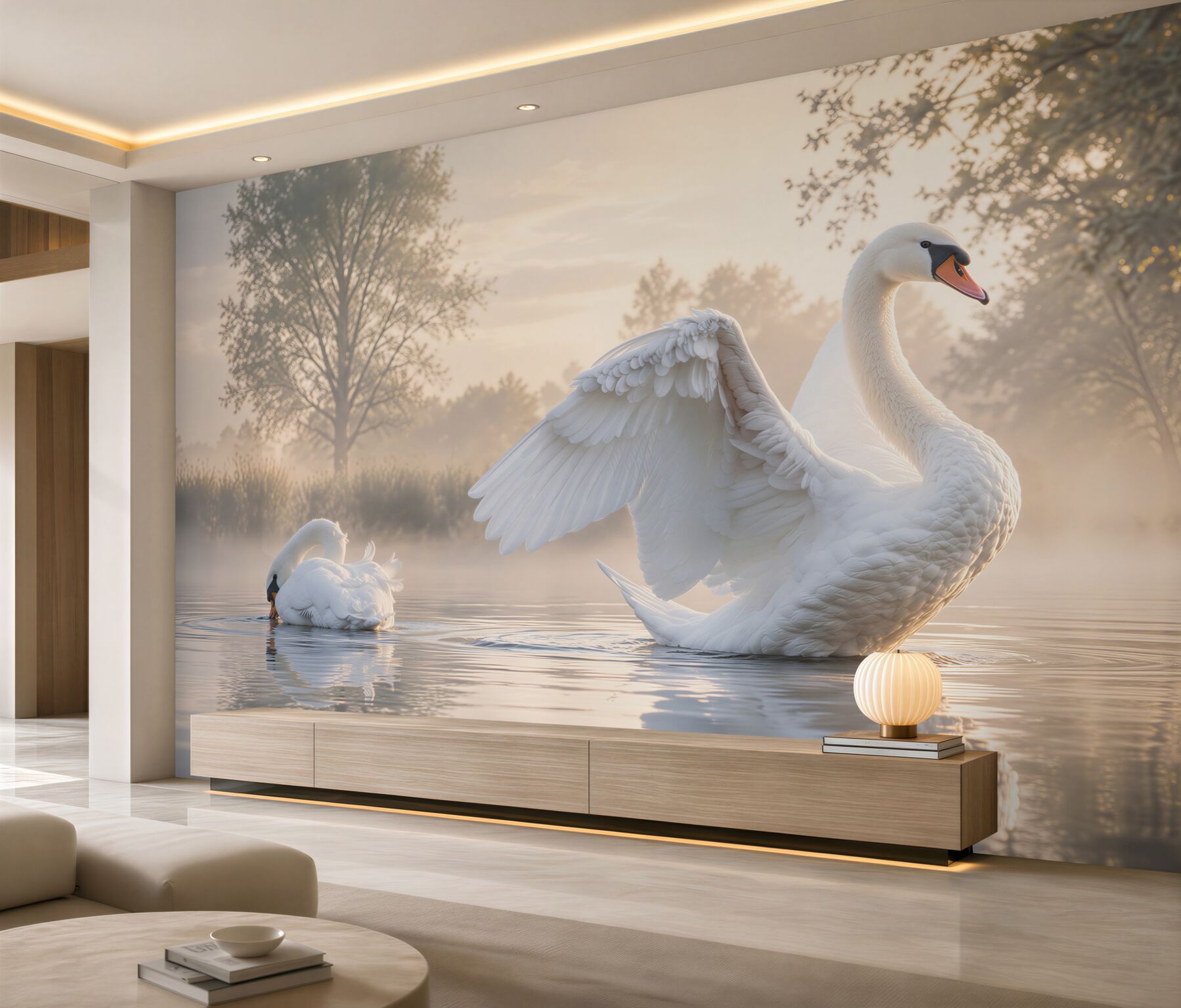 Fototapeten luxuriöser weißer Schwan auf dem Wasser