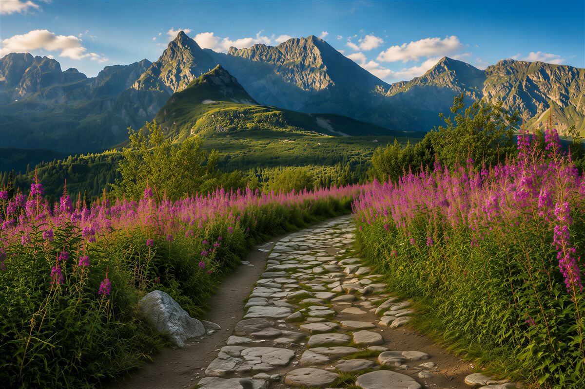 Fototapeten Weg durch eine blühende Wiese in den Bergen