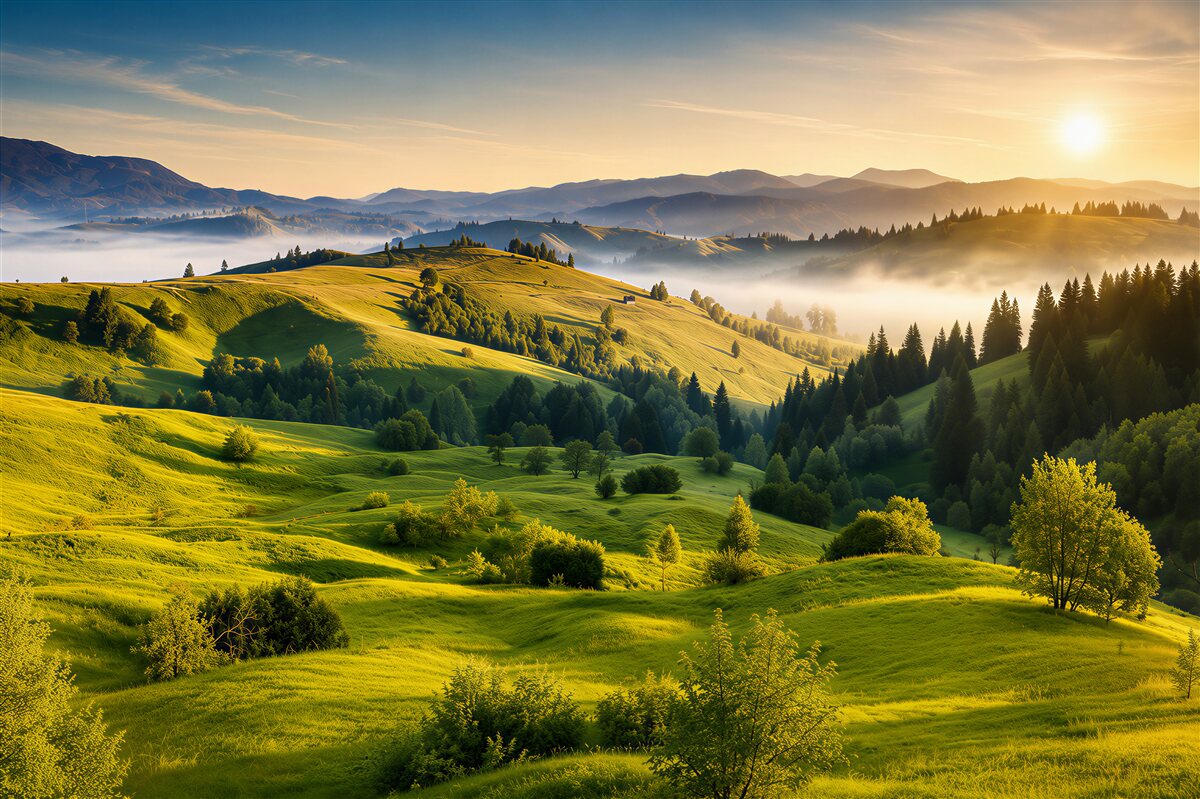 Fototapeten der Morgen wärmt die Bergwiesen